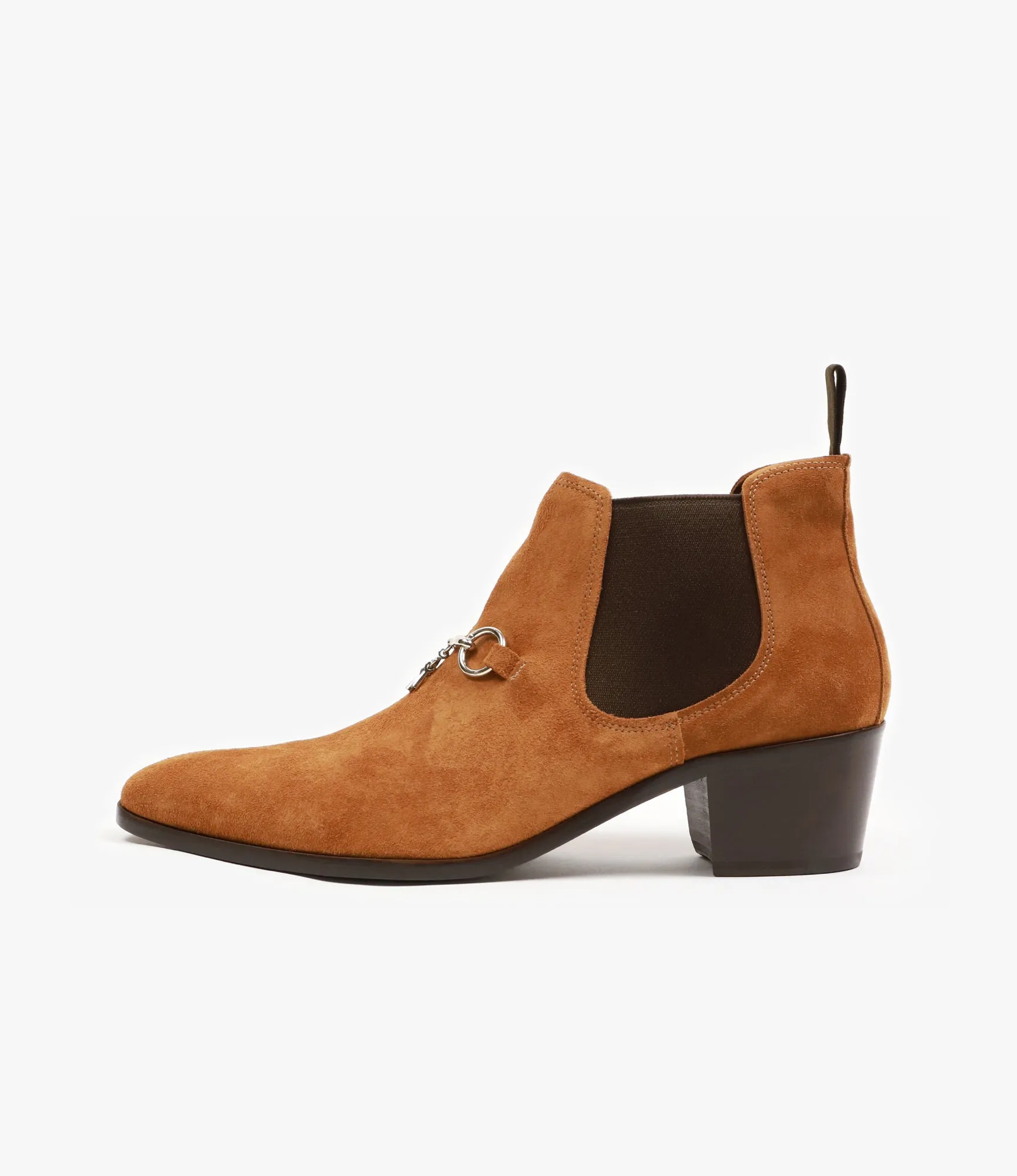 Tassel Bit Heeled Chelsea Boot –Brown Suede