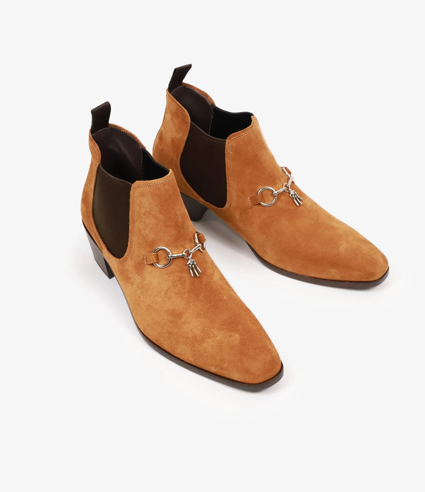 Tassel Bit Heeled Chelsea Boot –Brown Suede