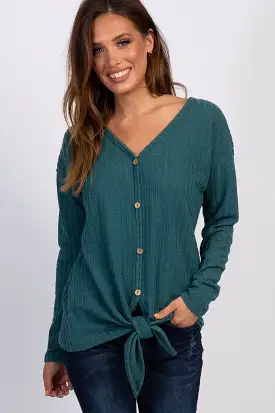 Teal Ribbed Knit Button Tie Front Top