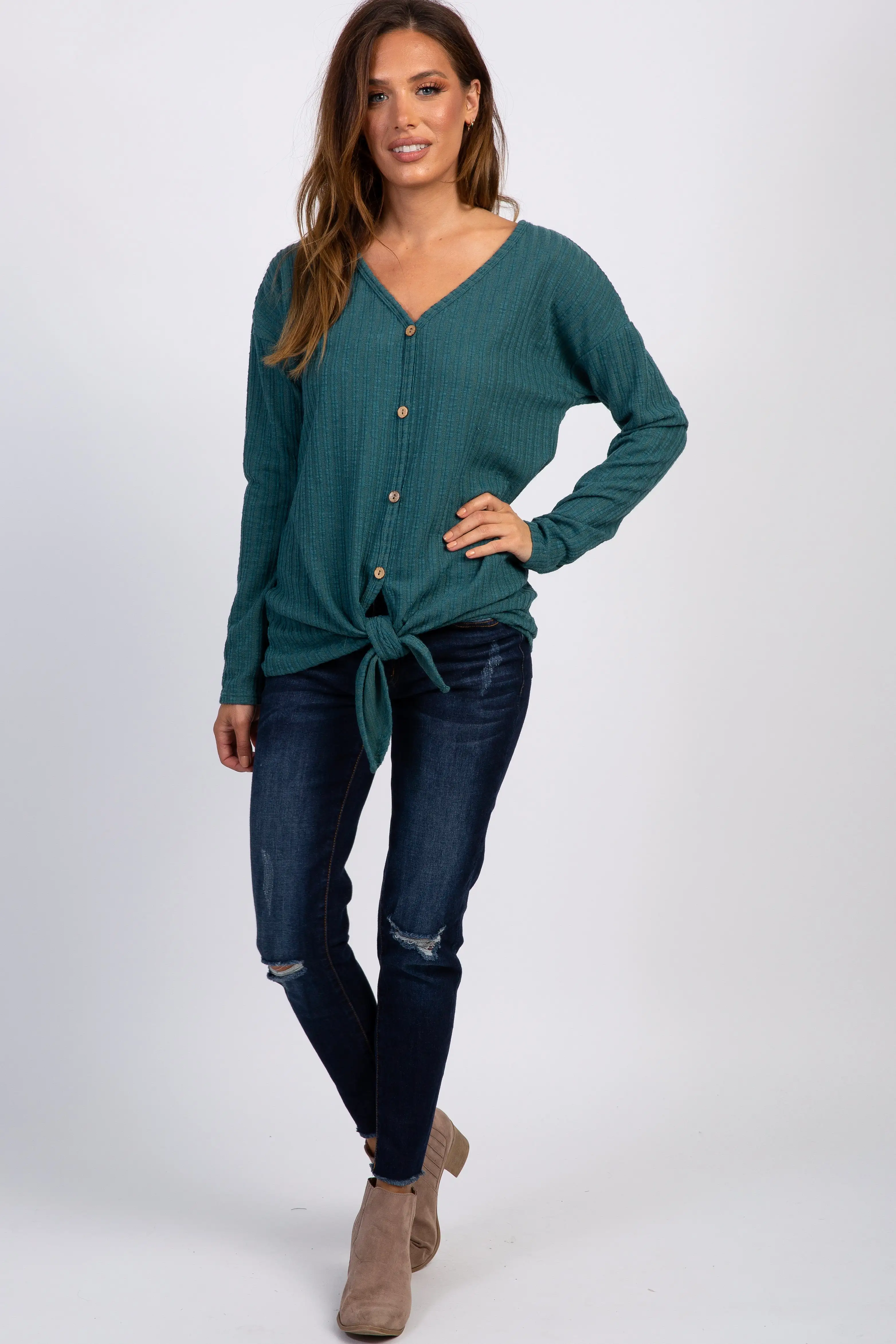 Teal Ribbed Knit Button Tie Front Top