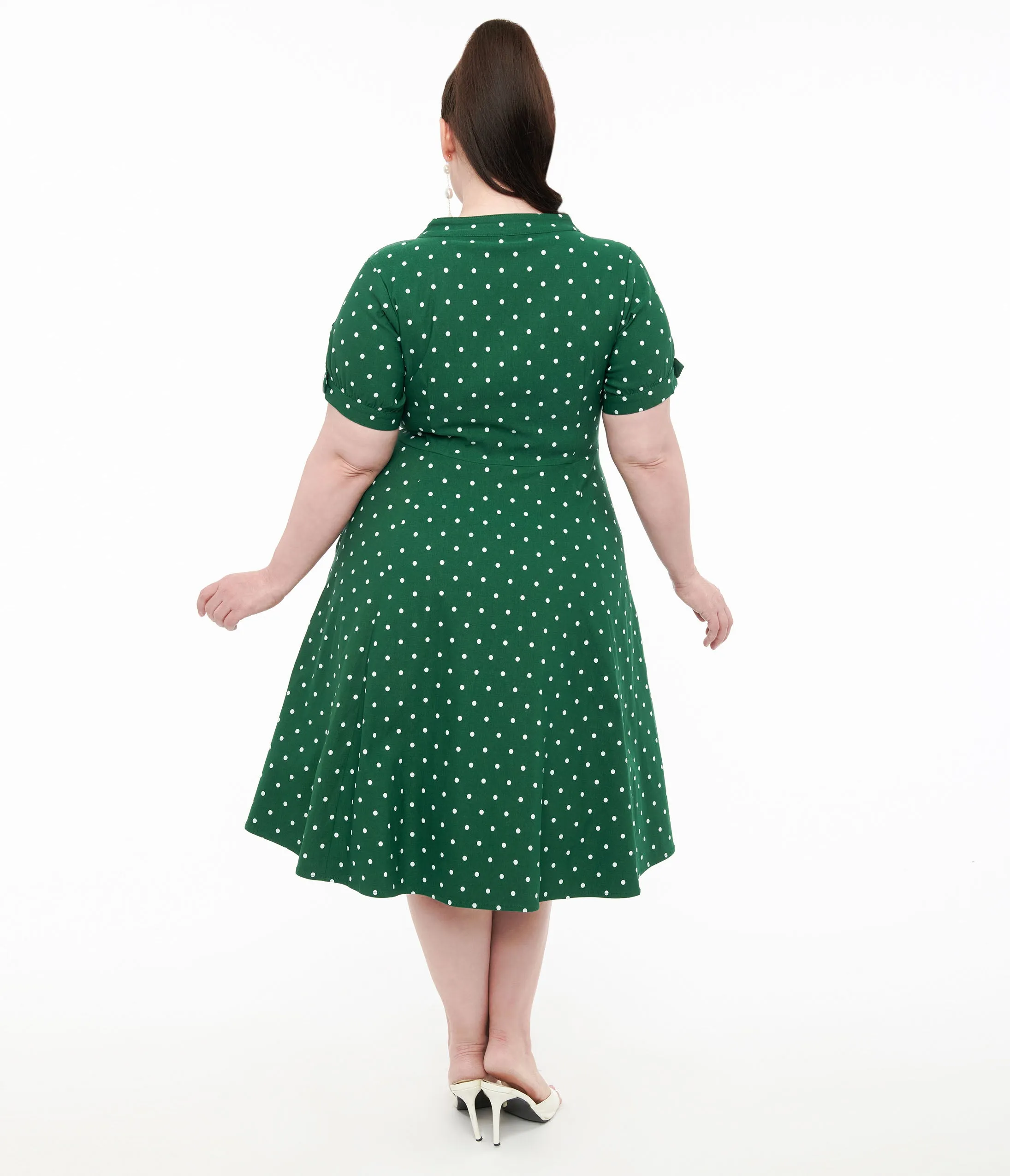 Unique Vintage Plus Size 1950s Green & White Pin Dot Contrast Button Swing Dress