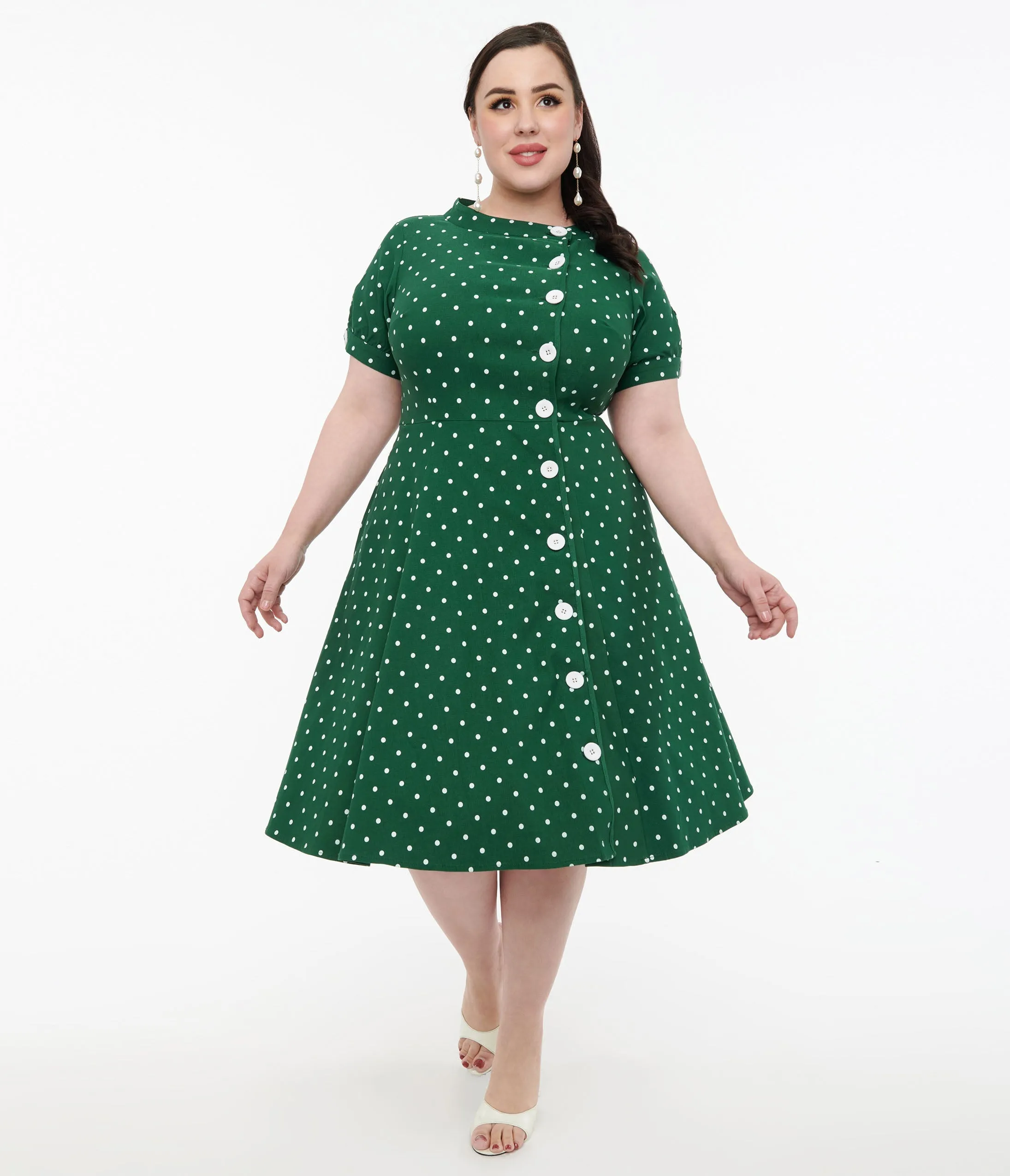 Unique Vintage Plus Size 1950s Green & White Pin Dot Contrast Button Swing Dress