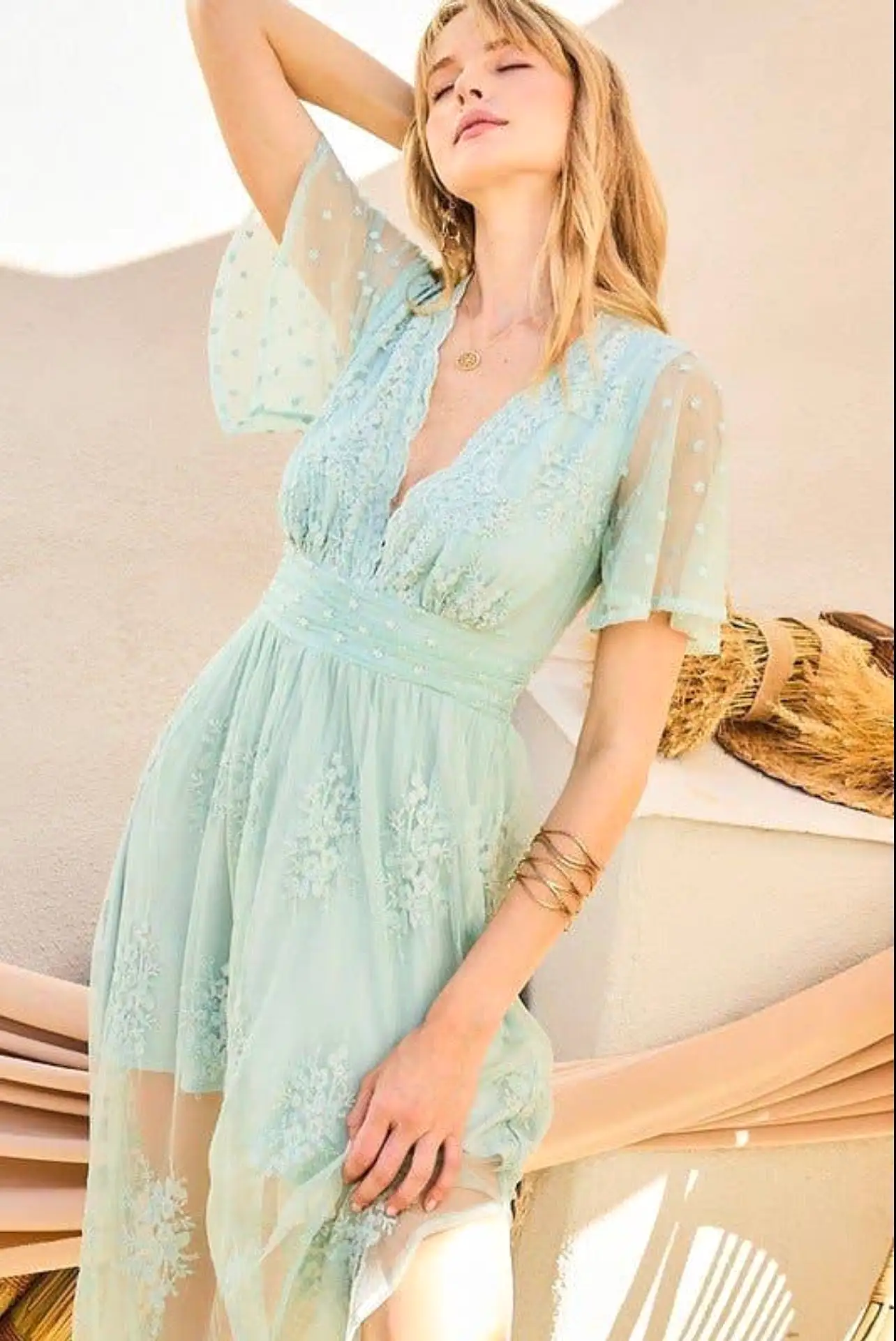 V Neck Ruffle Sleeve Side Slit Mesh Maxi Dress