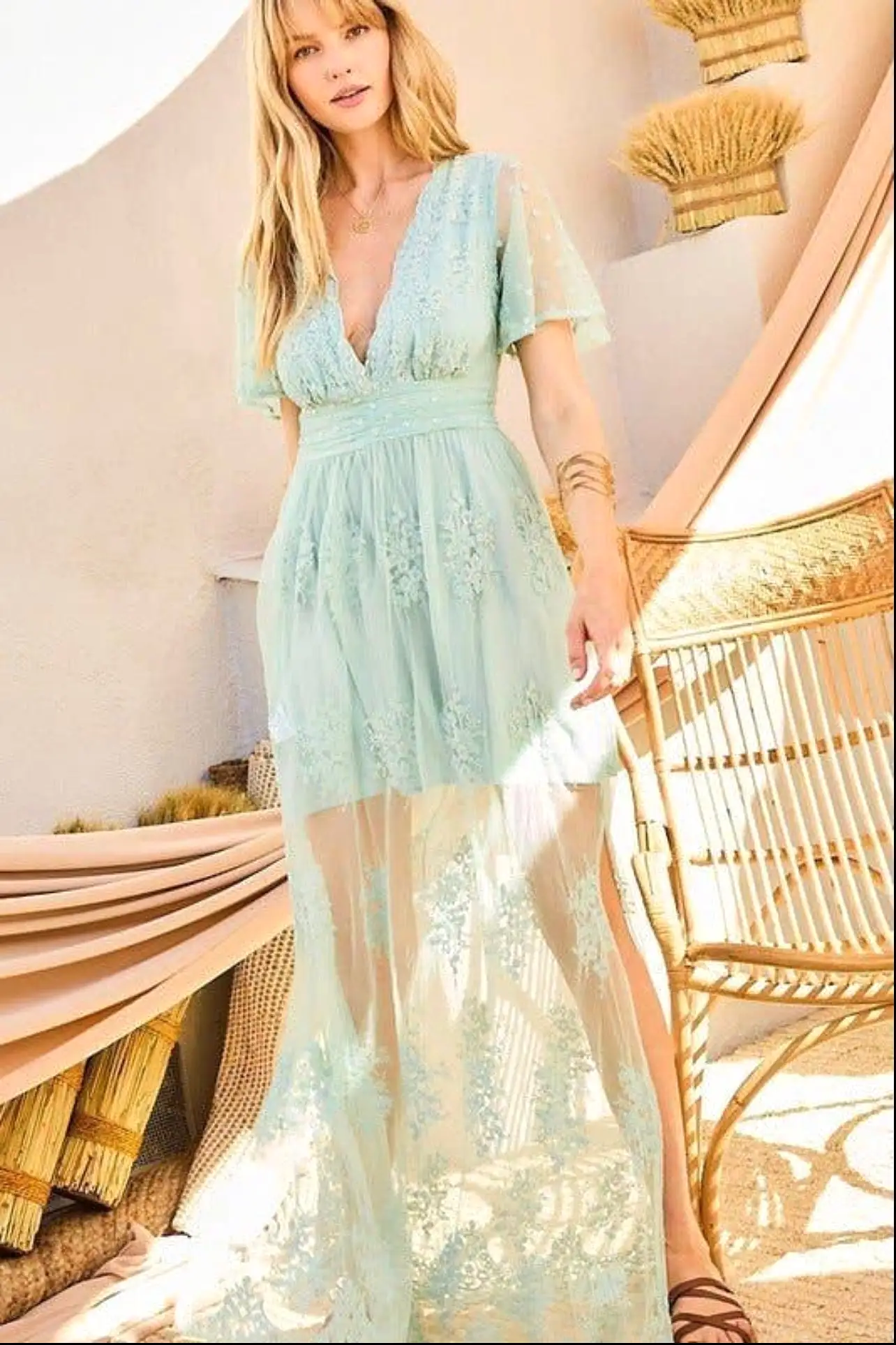 V Neck Ruffle Sleeve Side Slit Mesh Maxi Dress