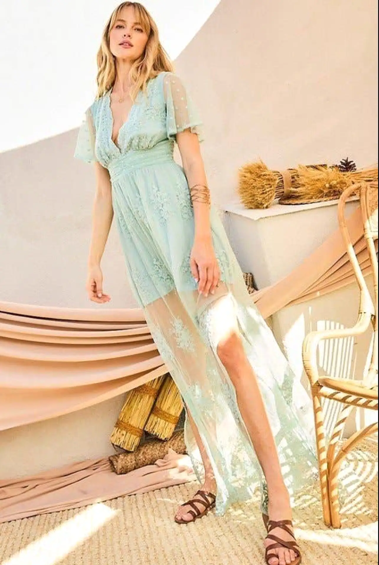 V Neck Ruffle Sleeve Side Slit Mesh Maxi Dress