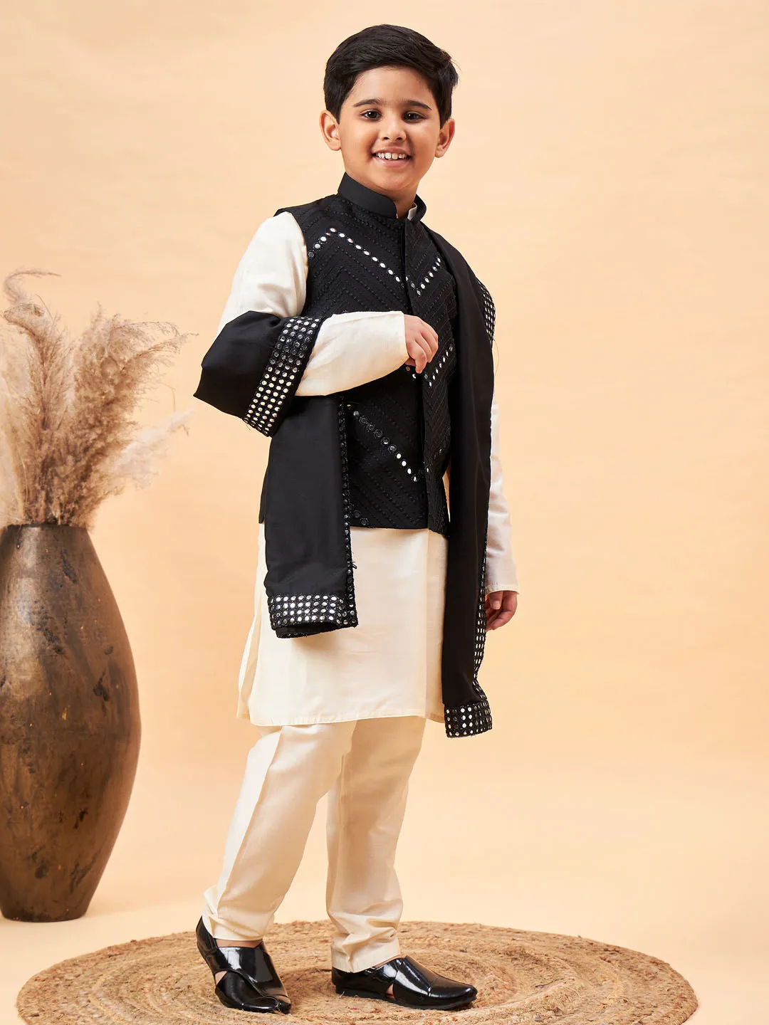 VASTRAMAY Boy's Black Mirror Work Jacket And Solid Kurta Pyjama Set With Black Ethnic Dupatta