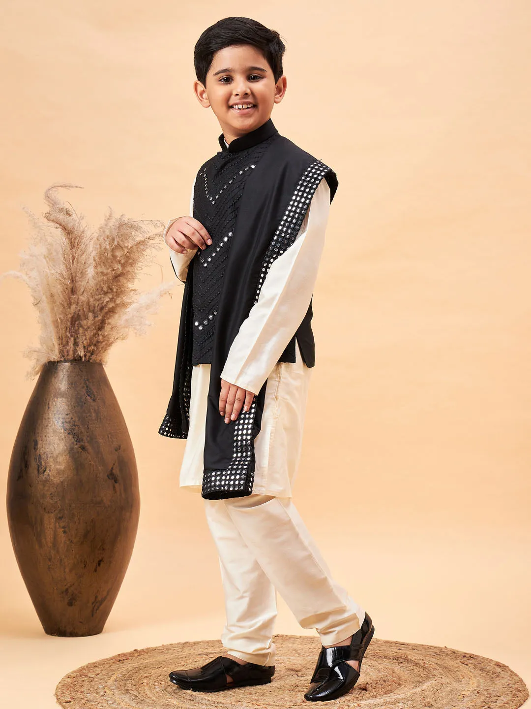 VASTRAMAY Boy's Black Mirror Work Jacket And Solid Kurta Pyjama Set With Black Ethnic Dupatta