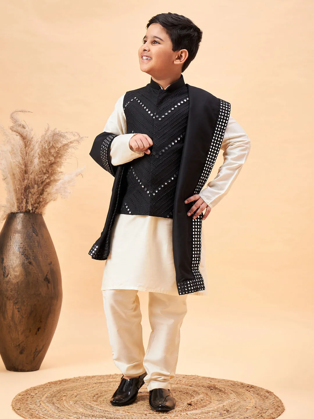 VASTRAMAY Boy's Black Mirror Work Jacket And Solid Kurta Pyjama Set With Black Ethnic Dupatta