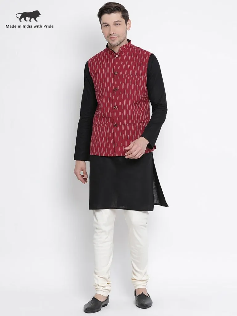 VASTRAMAY Men's Black Cotton Kurta, Ethnic Jacket and Pyjama Set