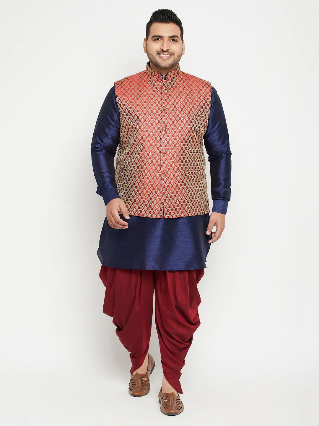 VASTRAMAY Men's Plus Size Navy Blue and Maroon Silk Blend Jacket Kurta Dhoti Pant Set