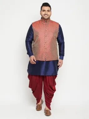 VASTRAMAY Men's Plus Size Navy Blue and Maroon Silk Blend Jacket Kurta Dhoti Pant Set