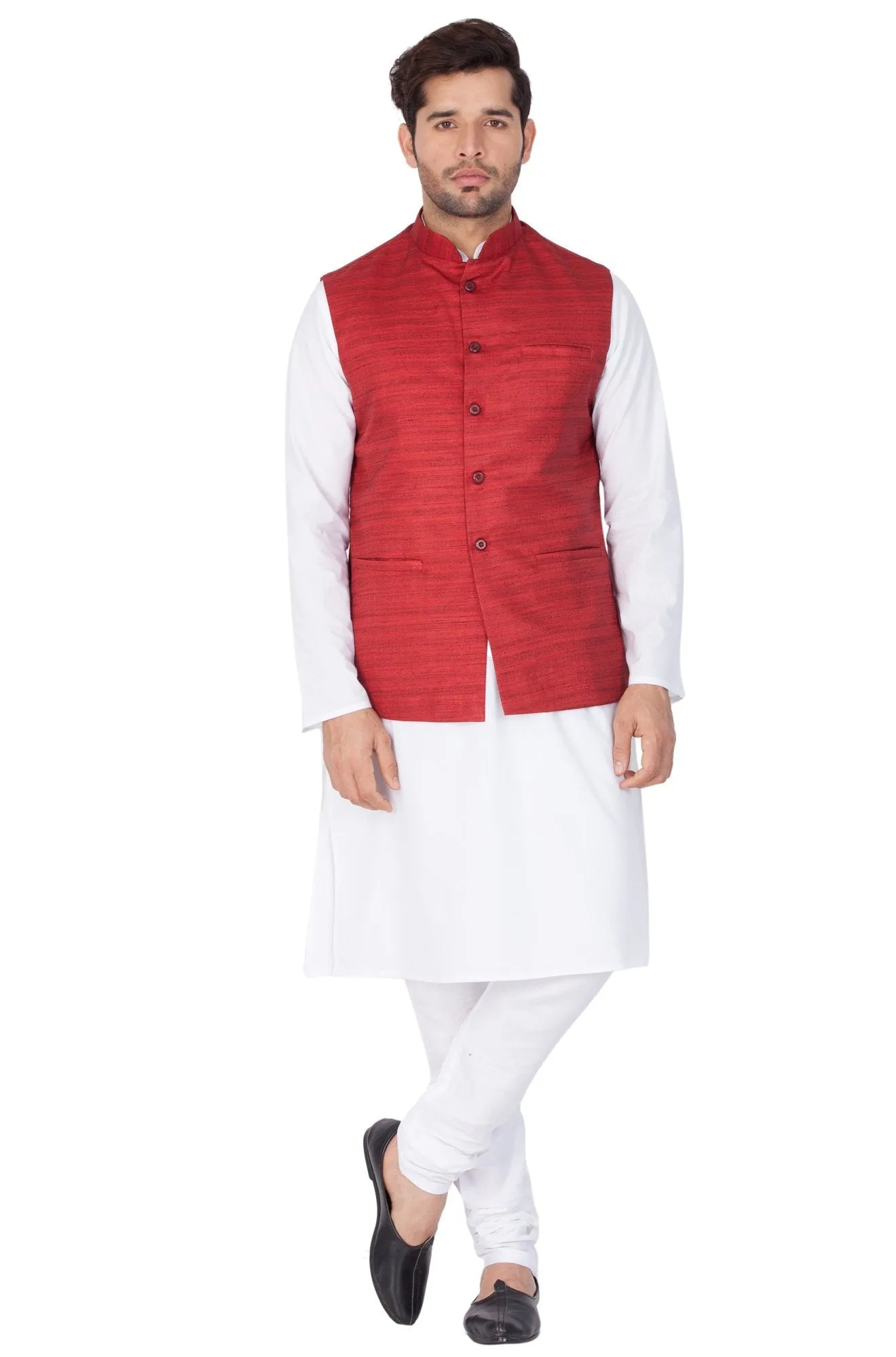 VASTRAMAY Men's White Cotton Blend Kurta, Ethnic Jacket and Pyjama Set