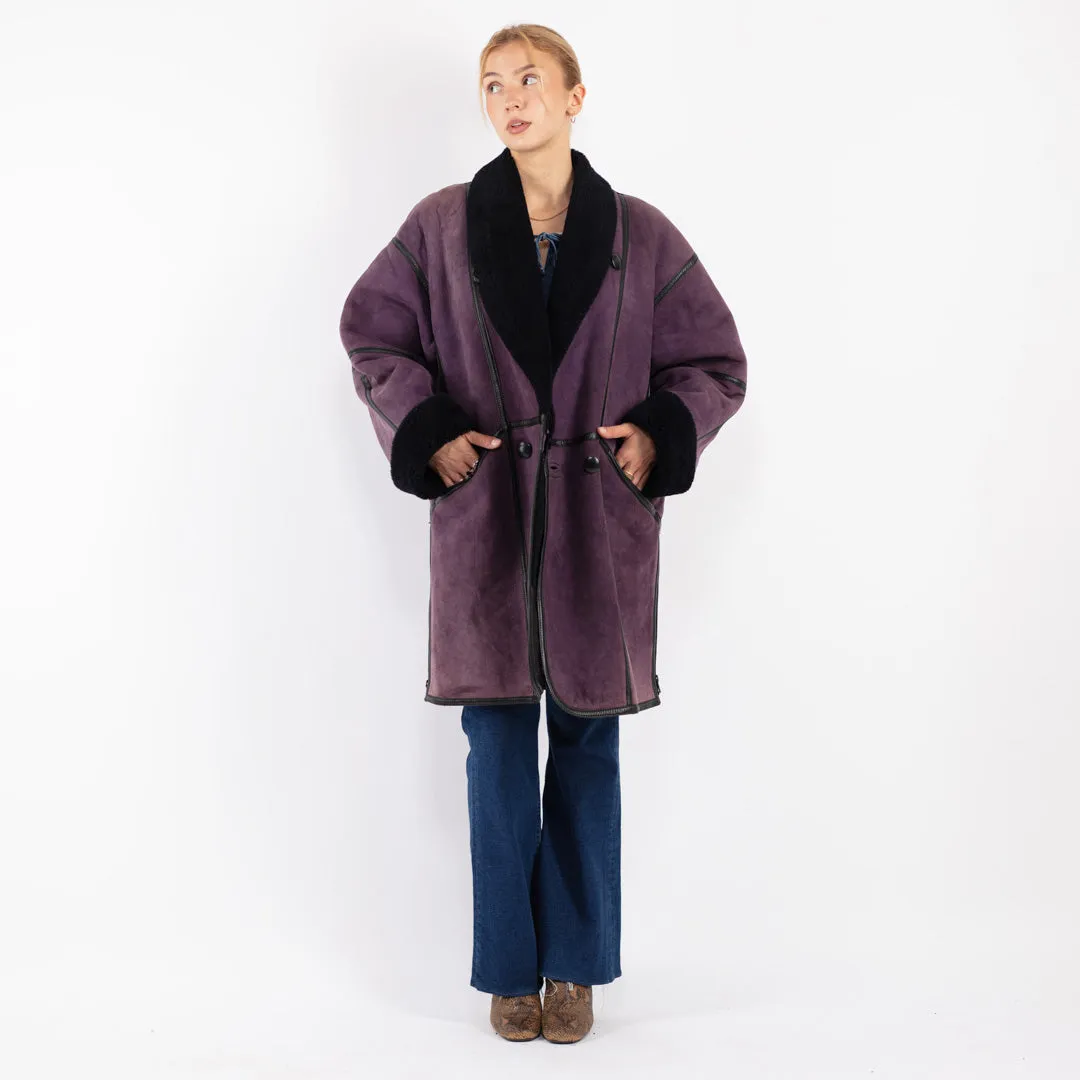 Vintage 80's Women Oversized Sheepskin Coat in Purple