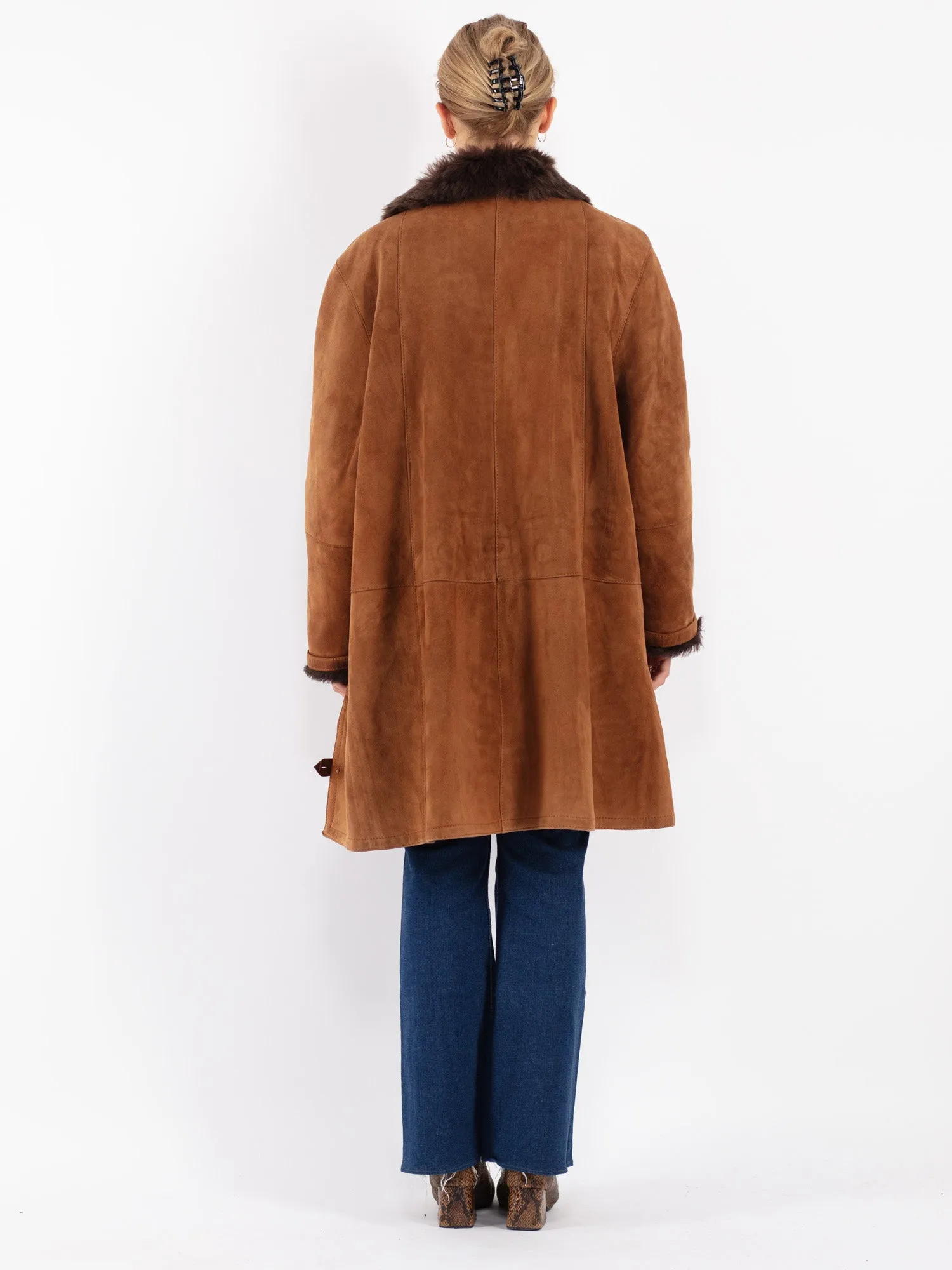 Vintage 80's Women Sheepskin Shearling Coat in Brown