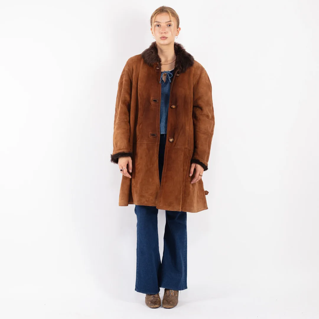 Vintage 80's Women Sheepskin Shearling Coat in Brown