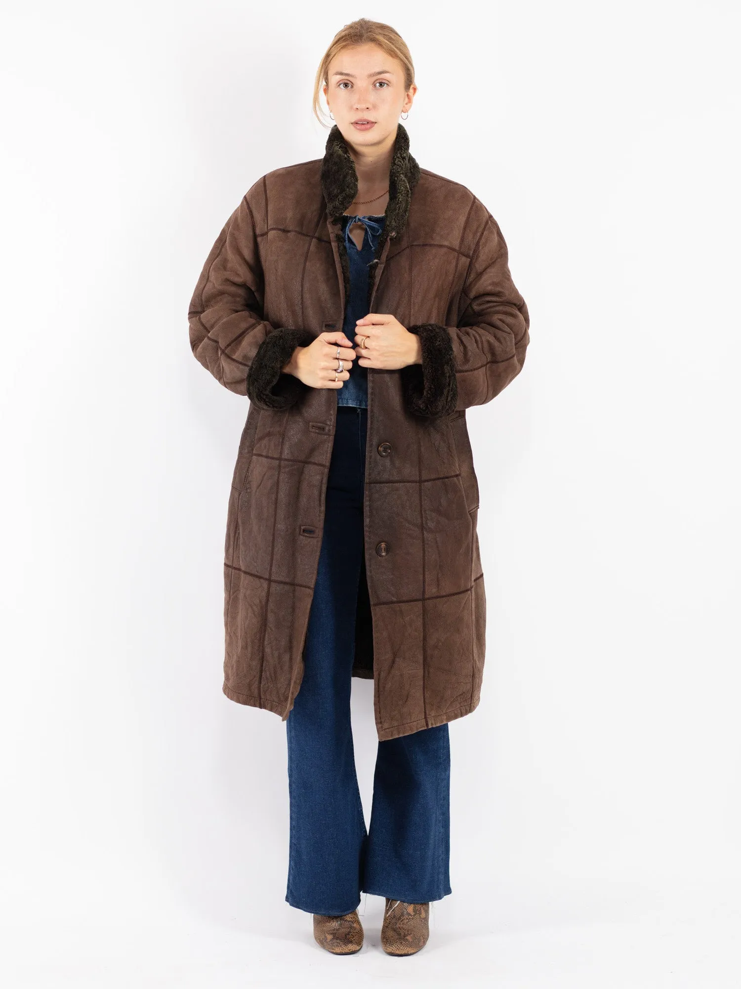 Vintage 90's Women Sheepskin Long Coat in Brown