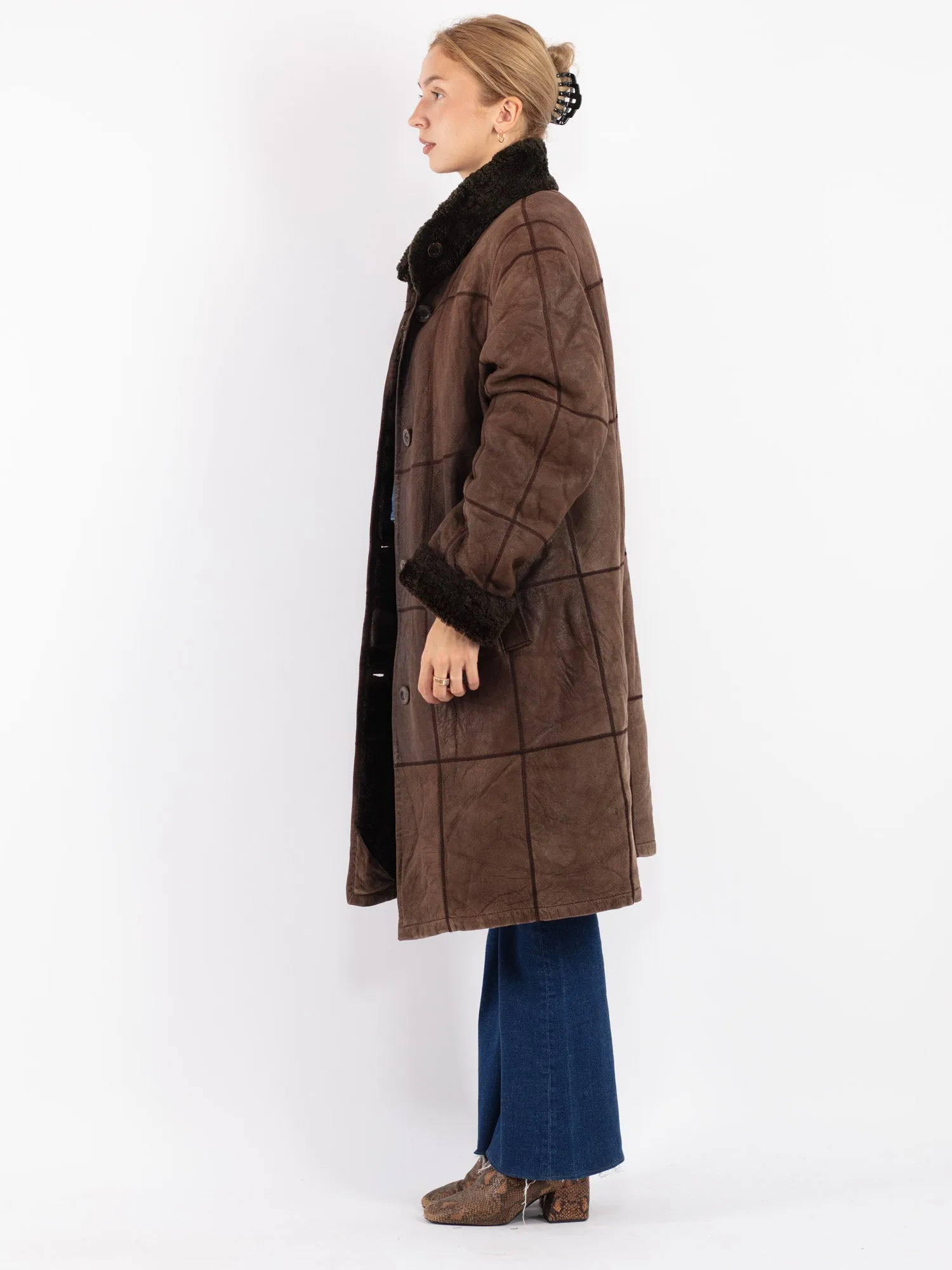 Vintage 90's Women Sheepskin Long Coat in Brown