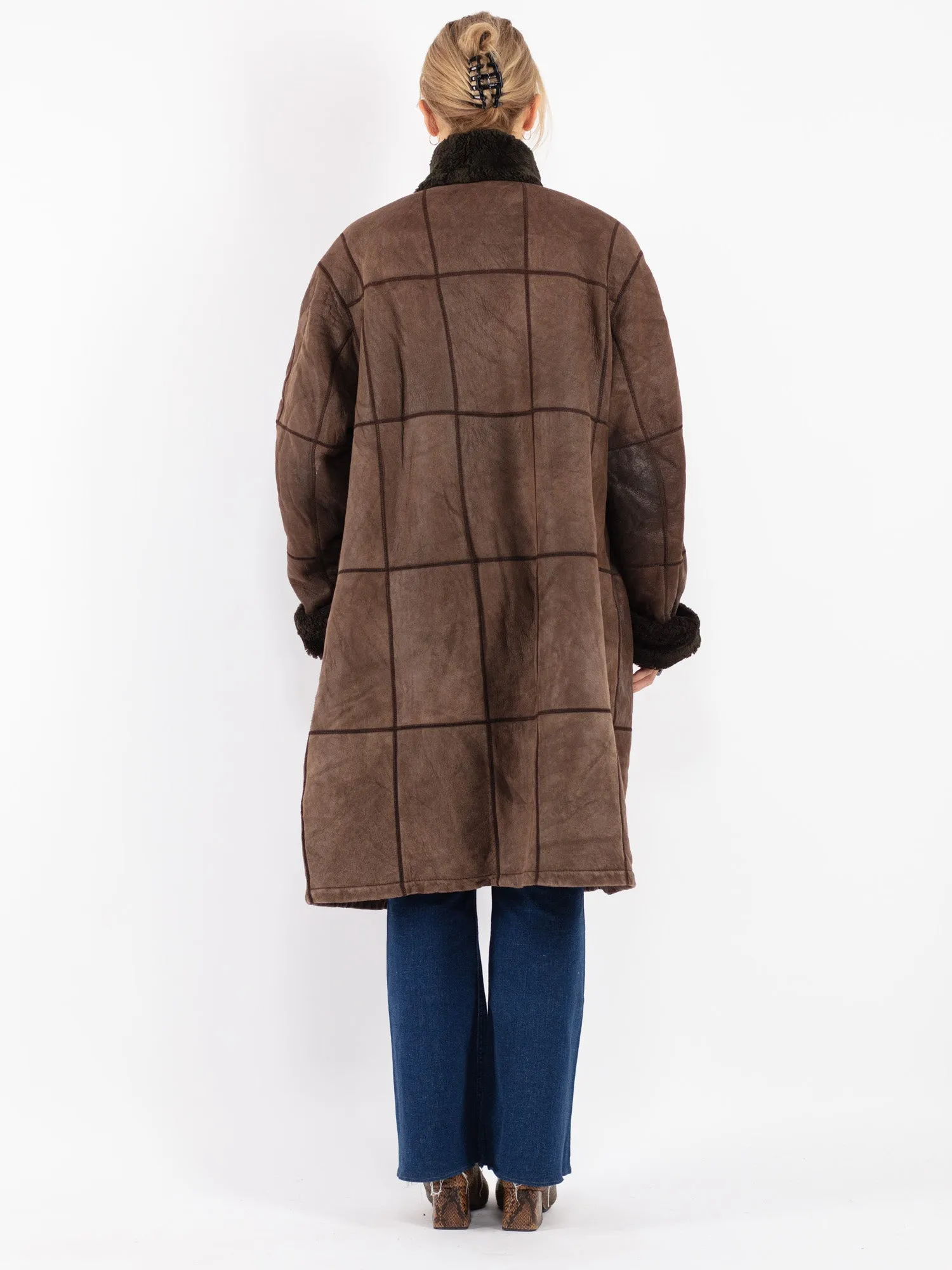 Vintage 90's Women Sheepskin Long Coat in Brown