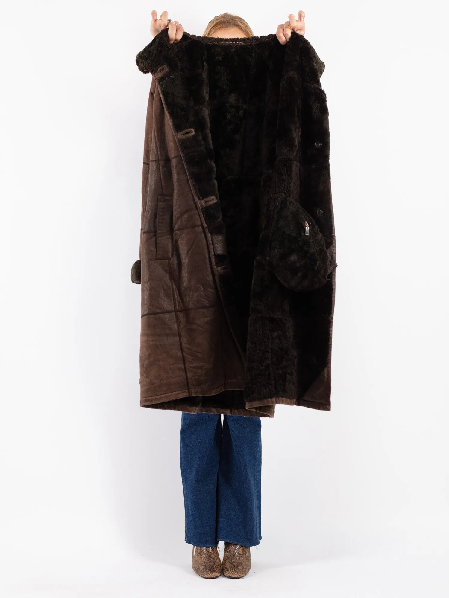 Vintage 90's Women Sheepskin Long Coat in Brown