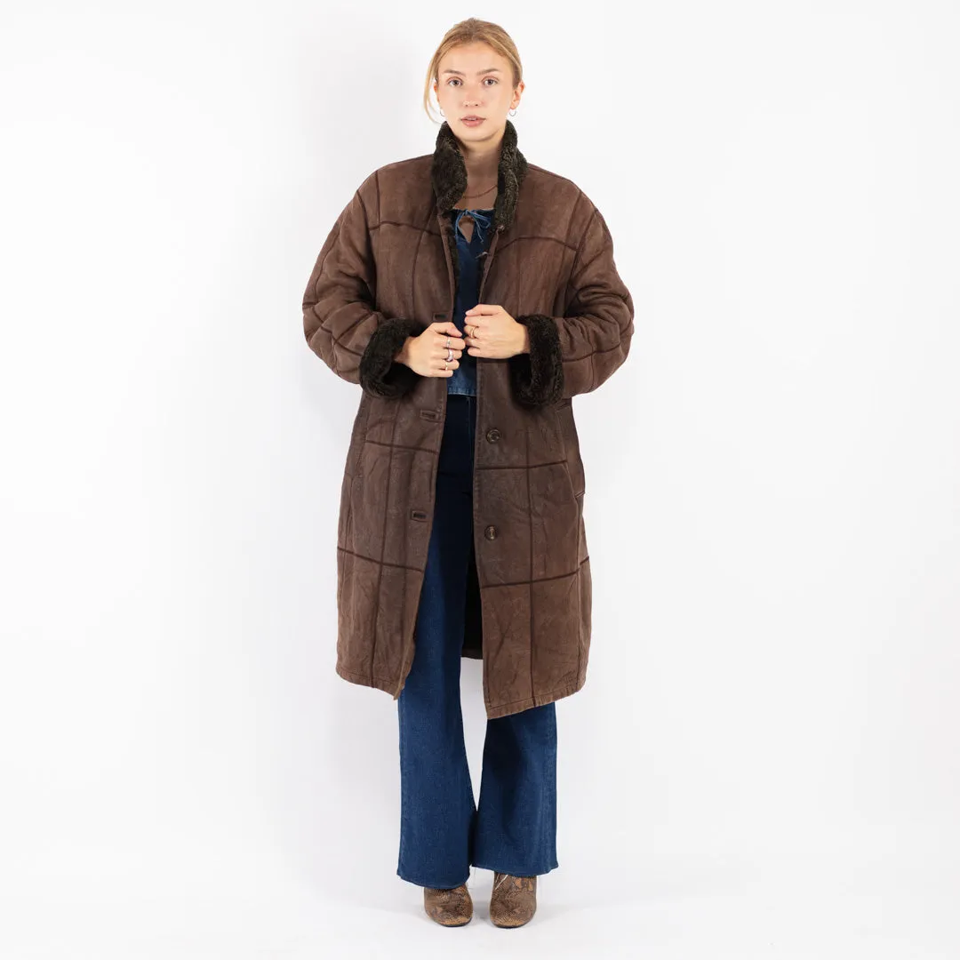 Vintage 90's Women Sheepskin Long Coat in Brown