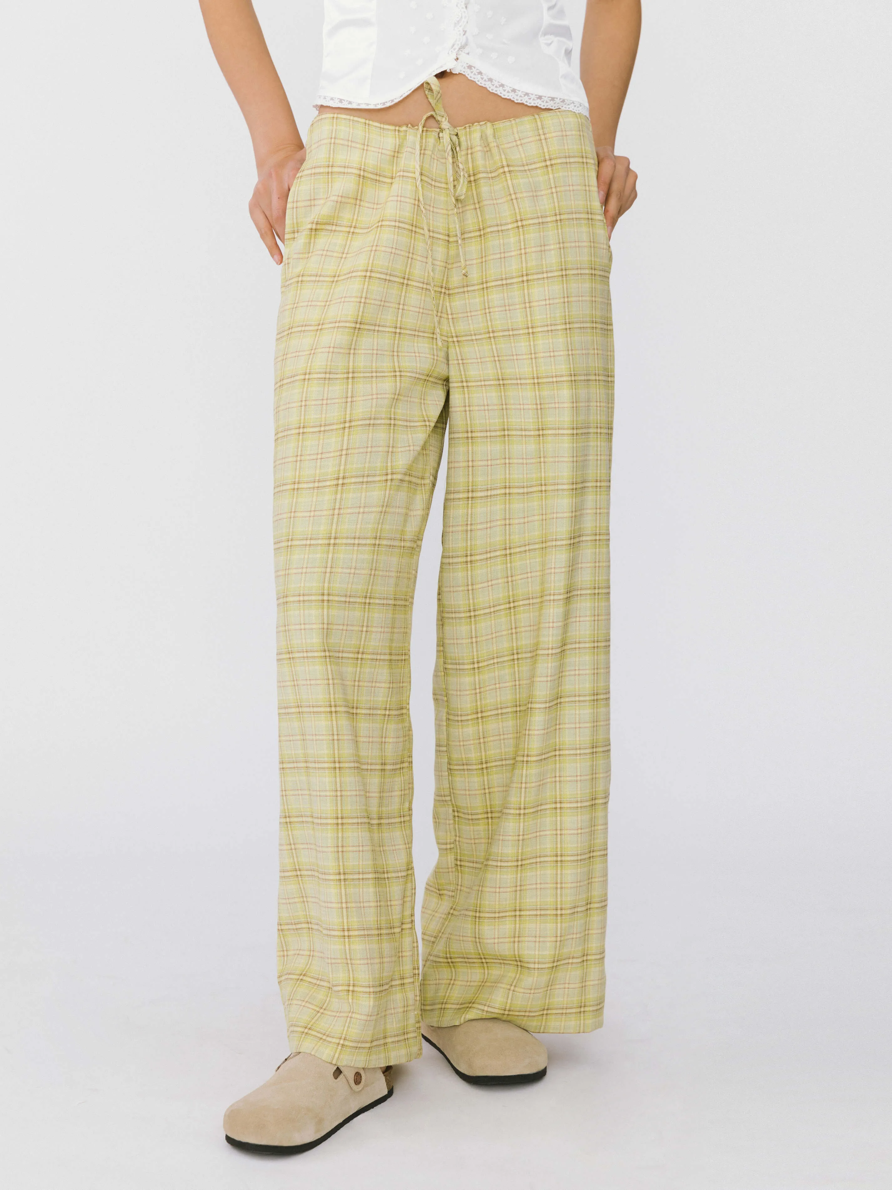 Wide Leg Casual Trousers in Yellow Check