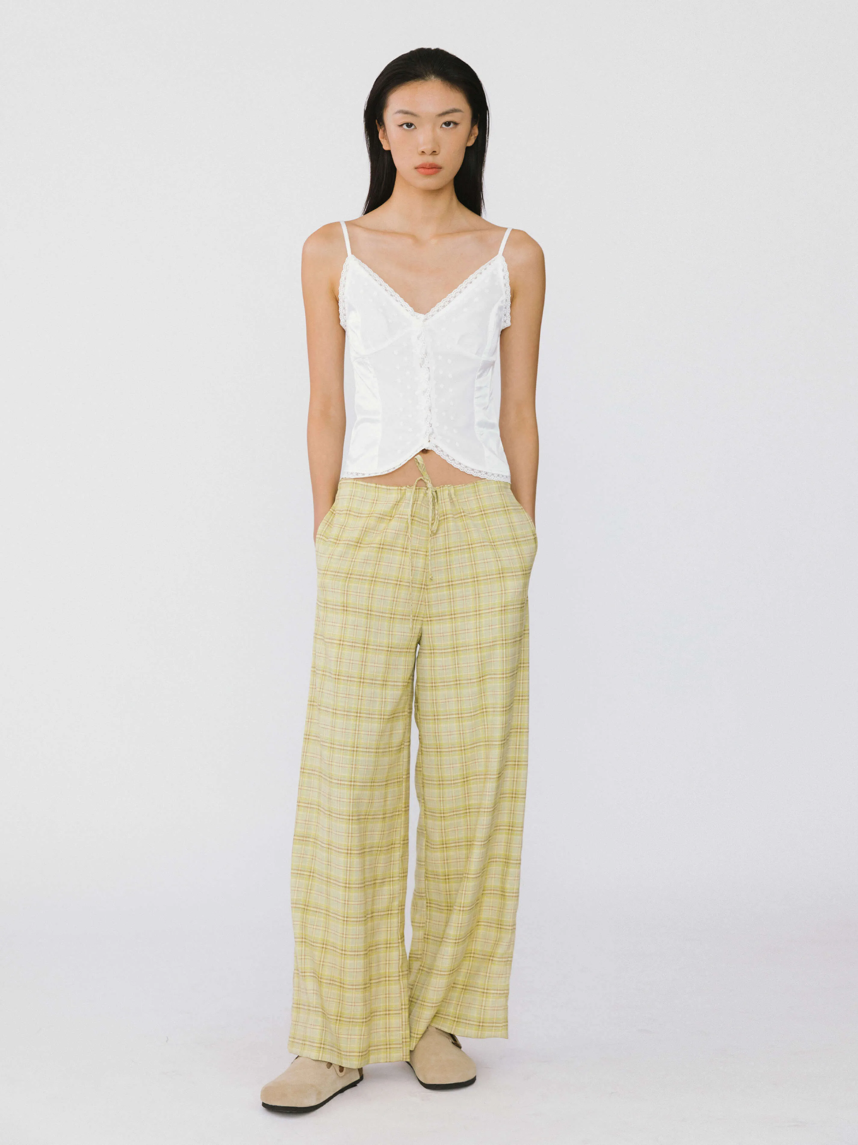 Wide Leg Casual Trousers in Yellow Check