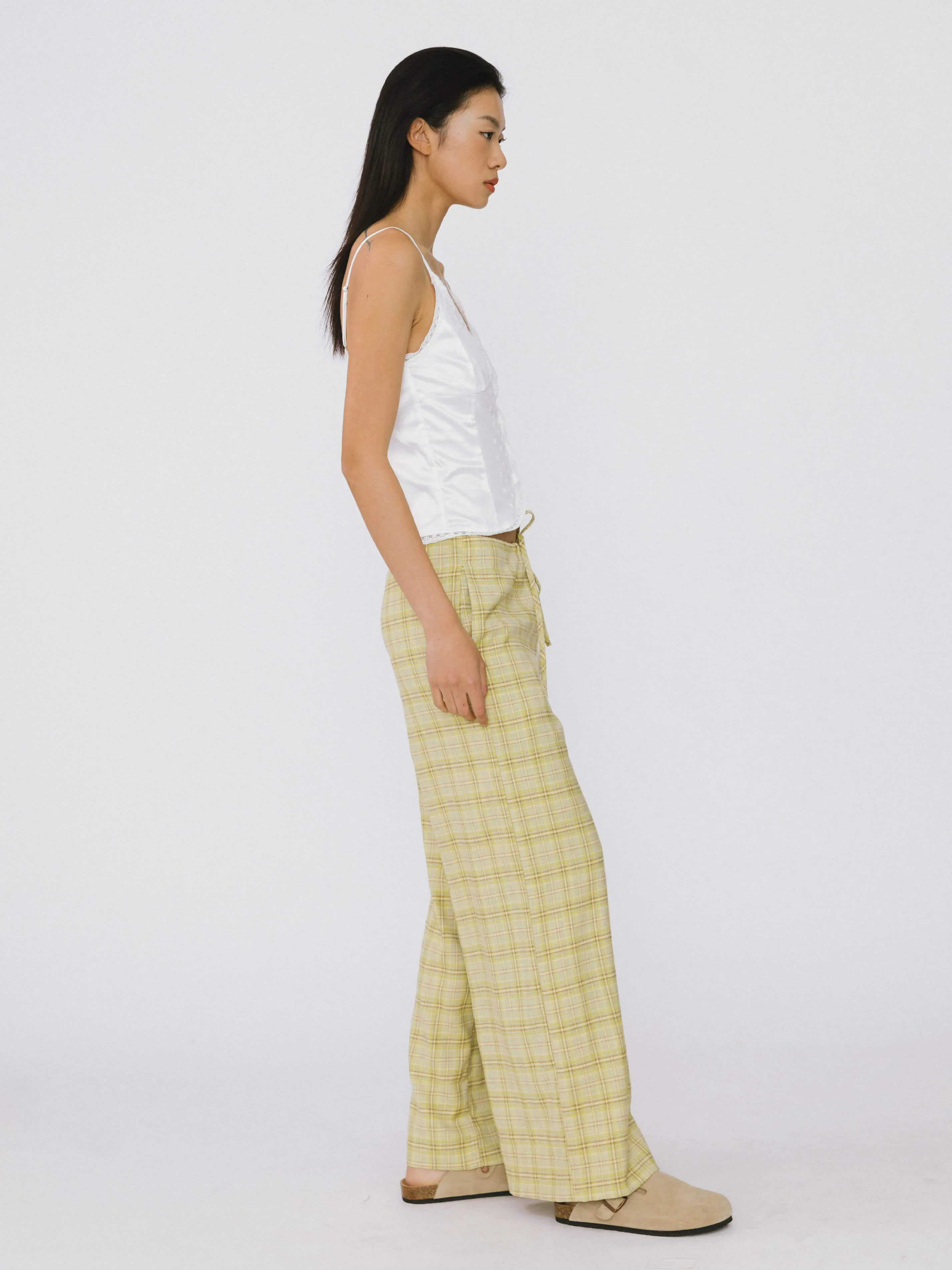 Wide Leg Casual Trousers in Yellow Check