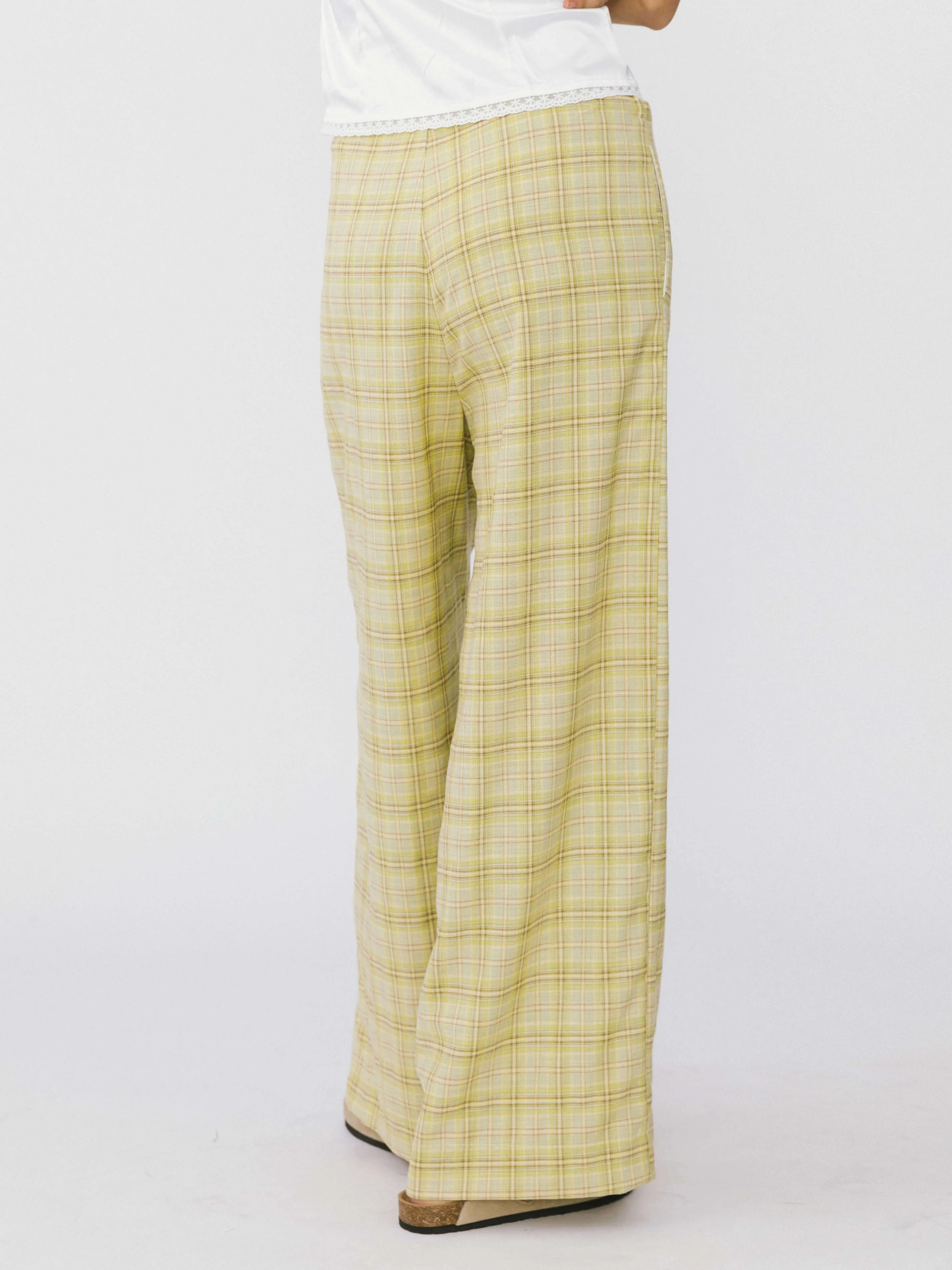 Wide Leg Casual Trousers in Yellow Check