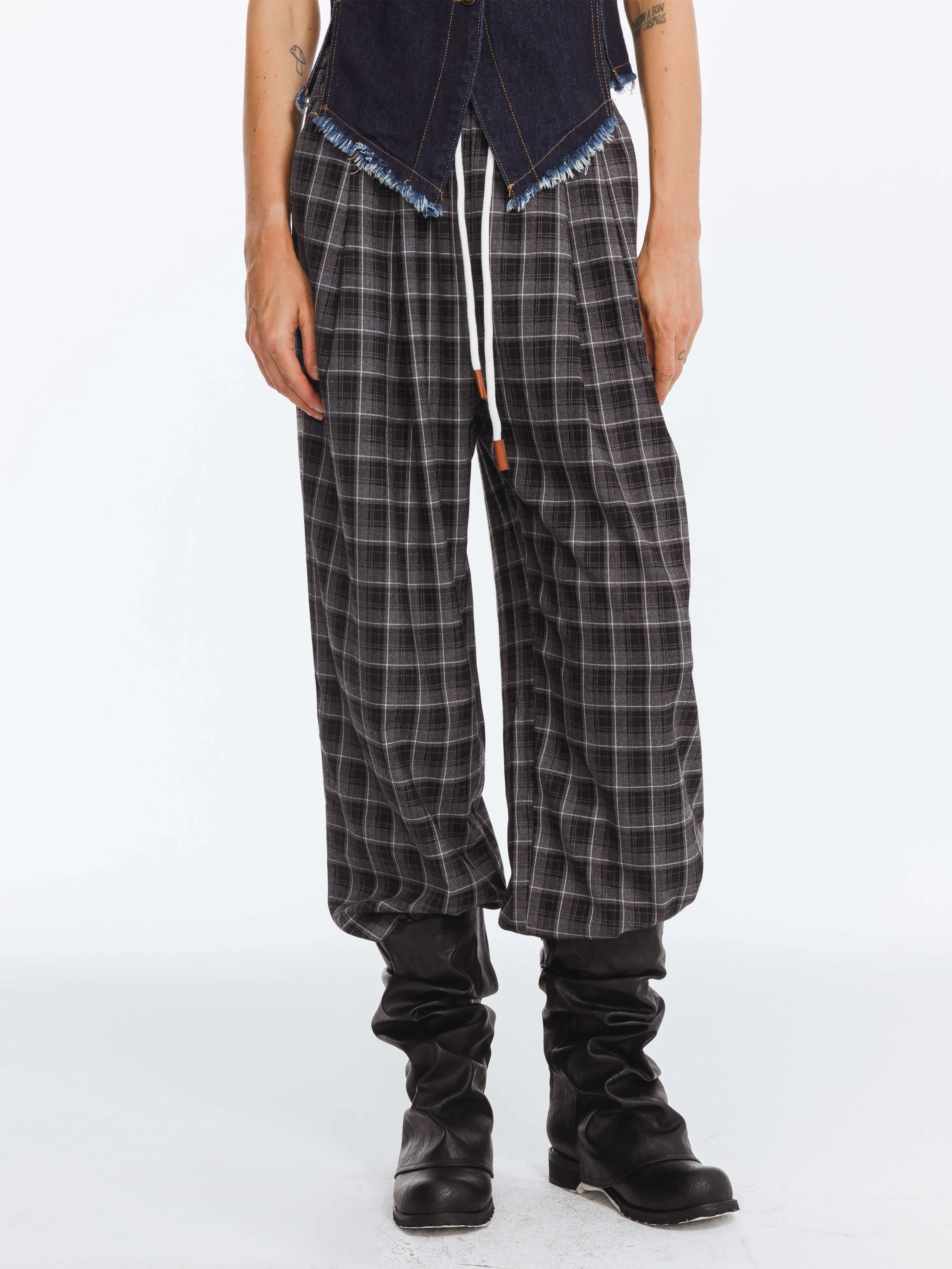 Wide Leg Tartan Casual Trousers