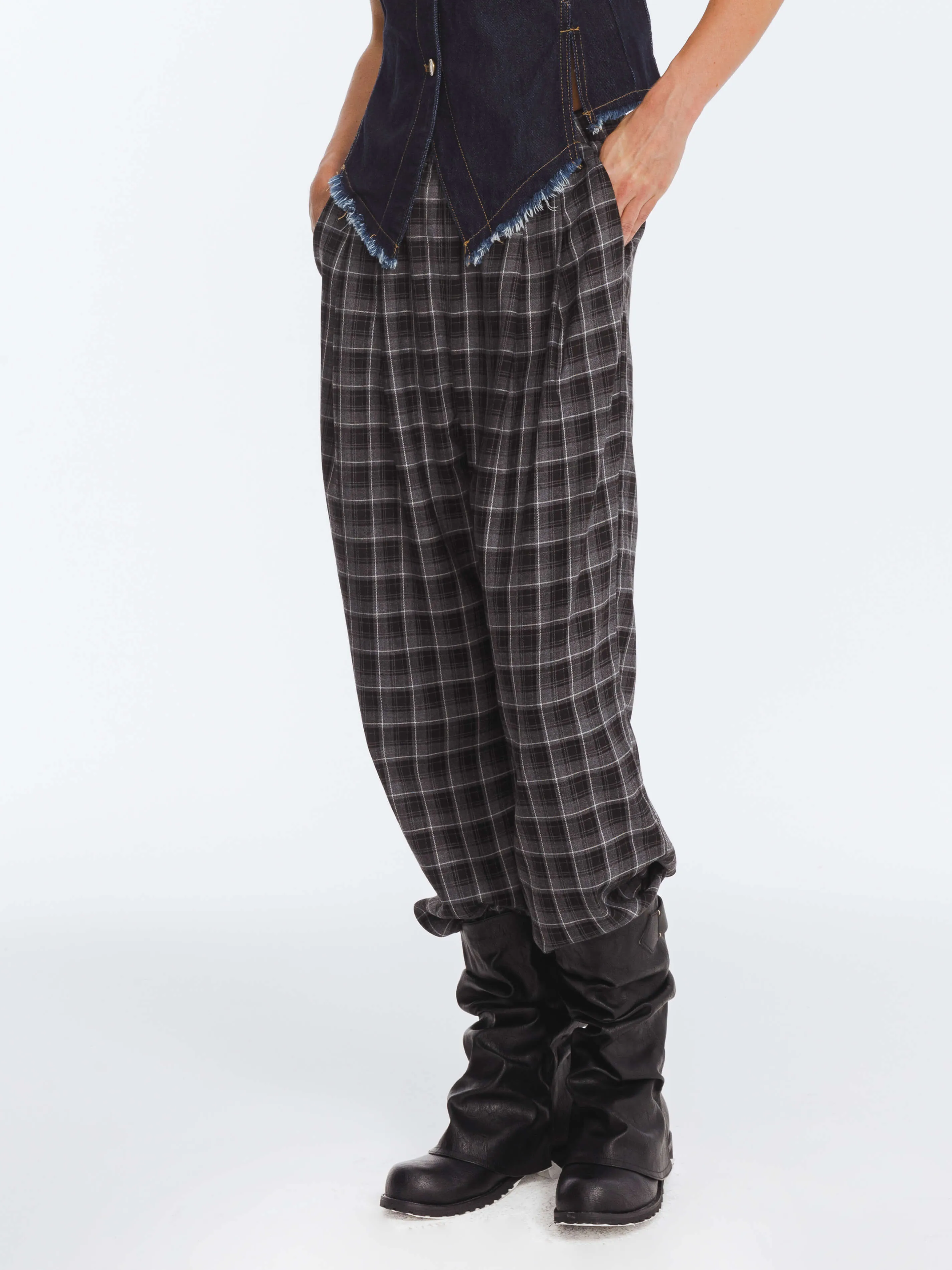 Wide Leg Tartan Casual Trousers