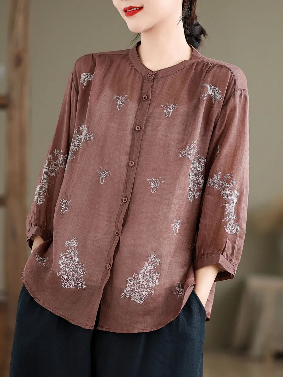 Women Artsy Flower Summer Ramie Blouse KL1018