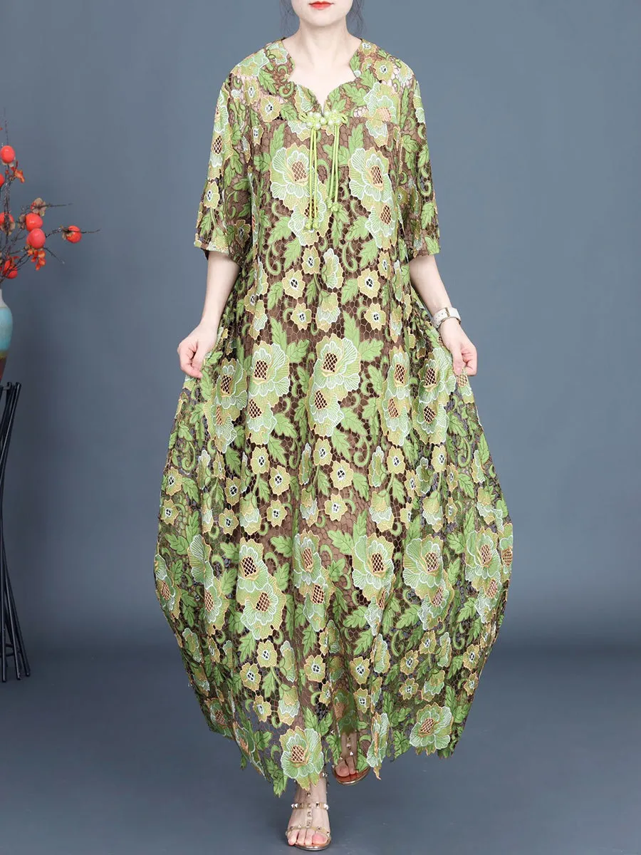 Women Artsy Summer Flower Lace Dual-layer Maxi Dress KL1051