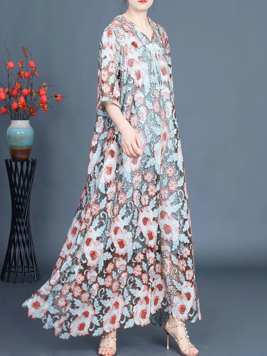 Women Artsy Summer Flower Lace Dual-layer Maxi Dress KL1051