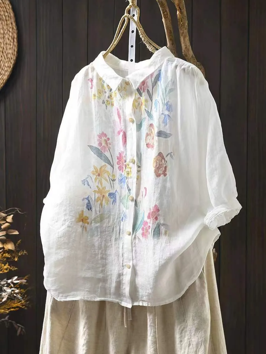 Women Artsy Summer Flower Print Ramie Blouse PA1033