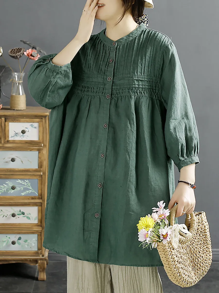 Women Artsy Summer Shirred Solid Linen Shirt SC1058