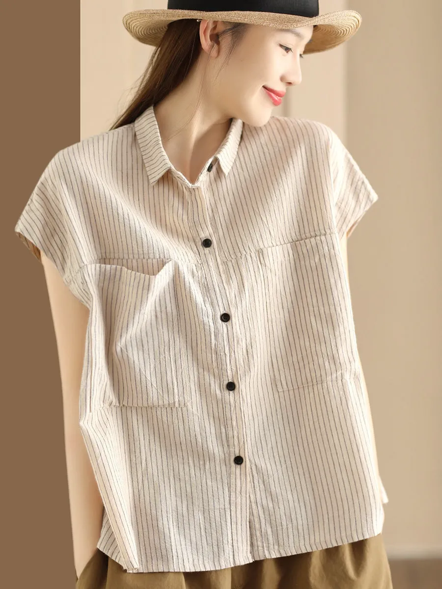 Women Artsy Summer Stripe Linen Button-up Shirt SC1046