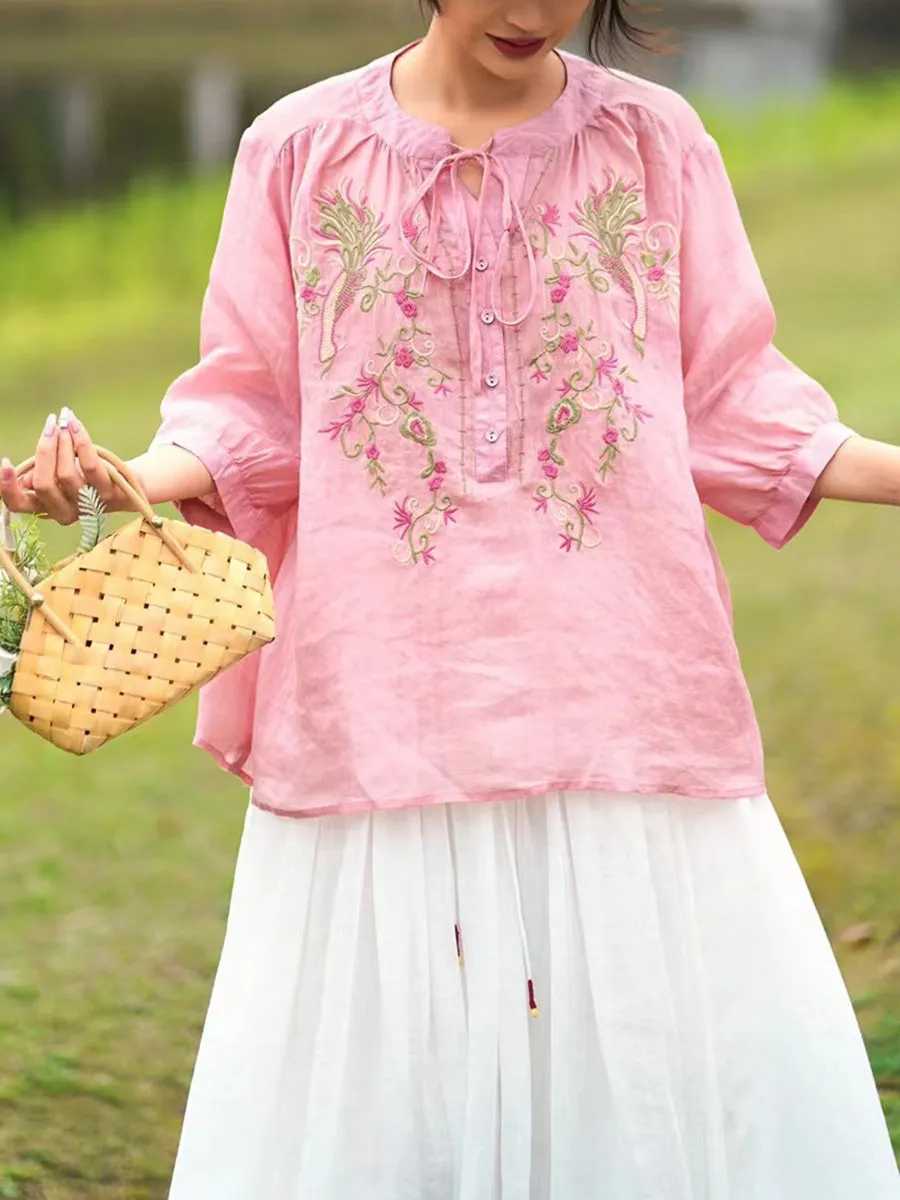 Women Summer Artsy Floral Embroidery Ramie Shirt PA1002