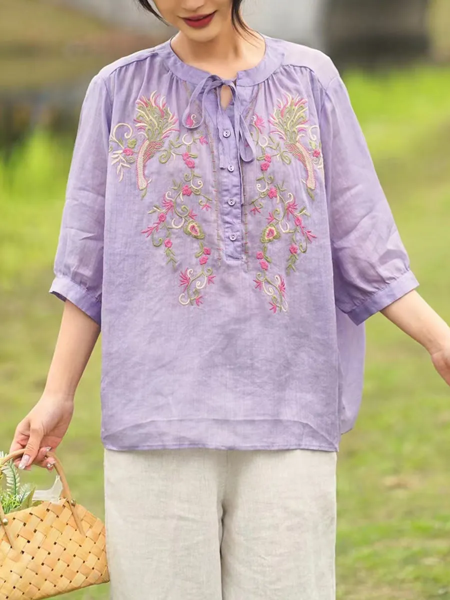 Women Summer Artsy Floral Embroidery Ramie Shirt PA1002