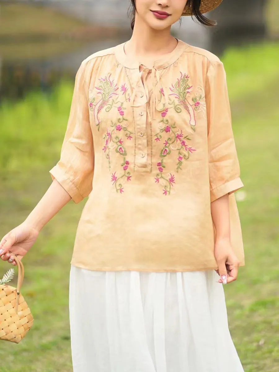 Women Summer Artsy Floral Embroidery Ramie Shirt PA1002