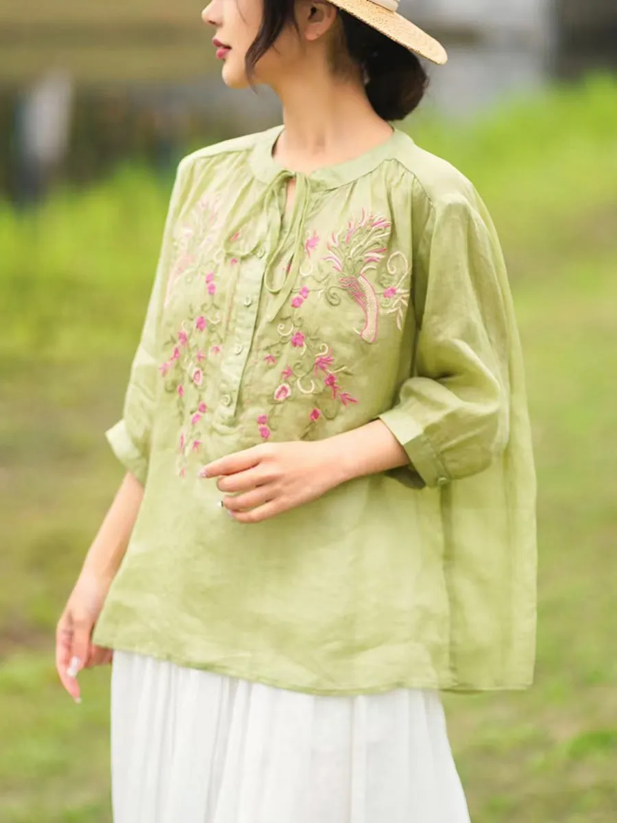 Women Summer Artsy Floral Embroidery Ramie Shirt PA1002