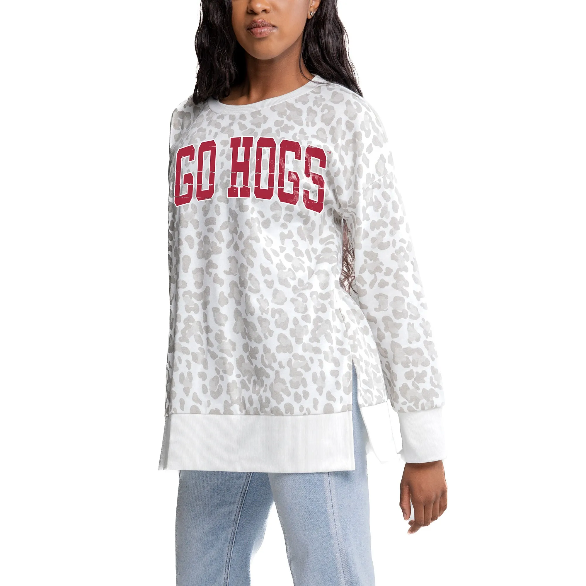 Women's Gameday Couture Gray Arkansas Razorbacks Side-Slit French Terry Crewneck Sweatshirt