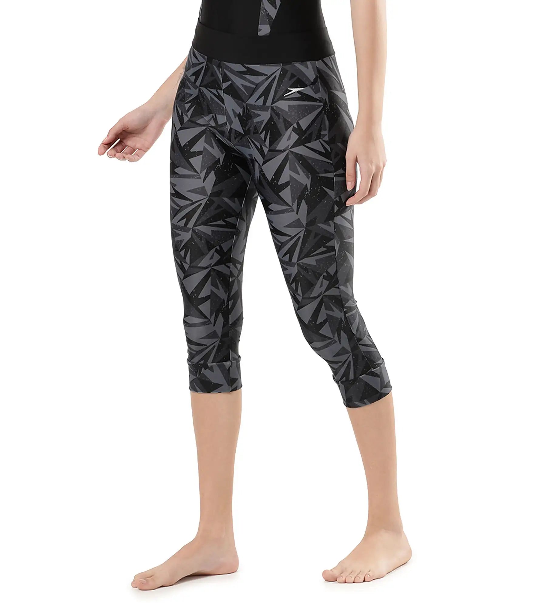 Women's Printed Contrast Swim Capri   - Black  &  Oxid Grey