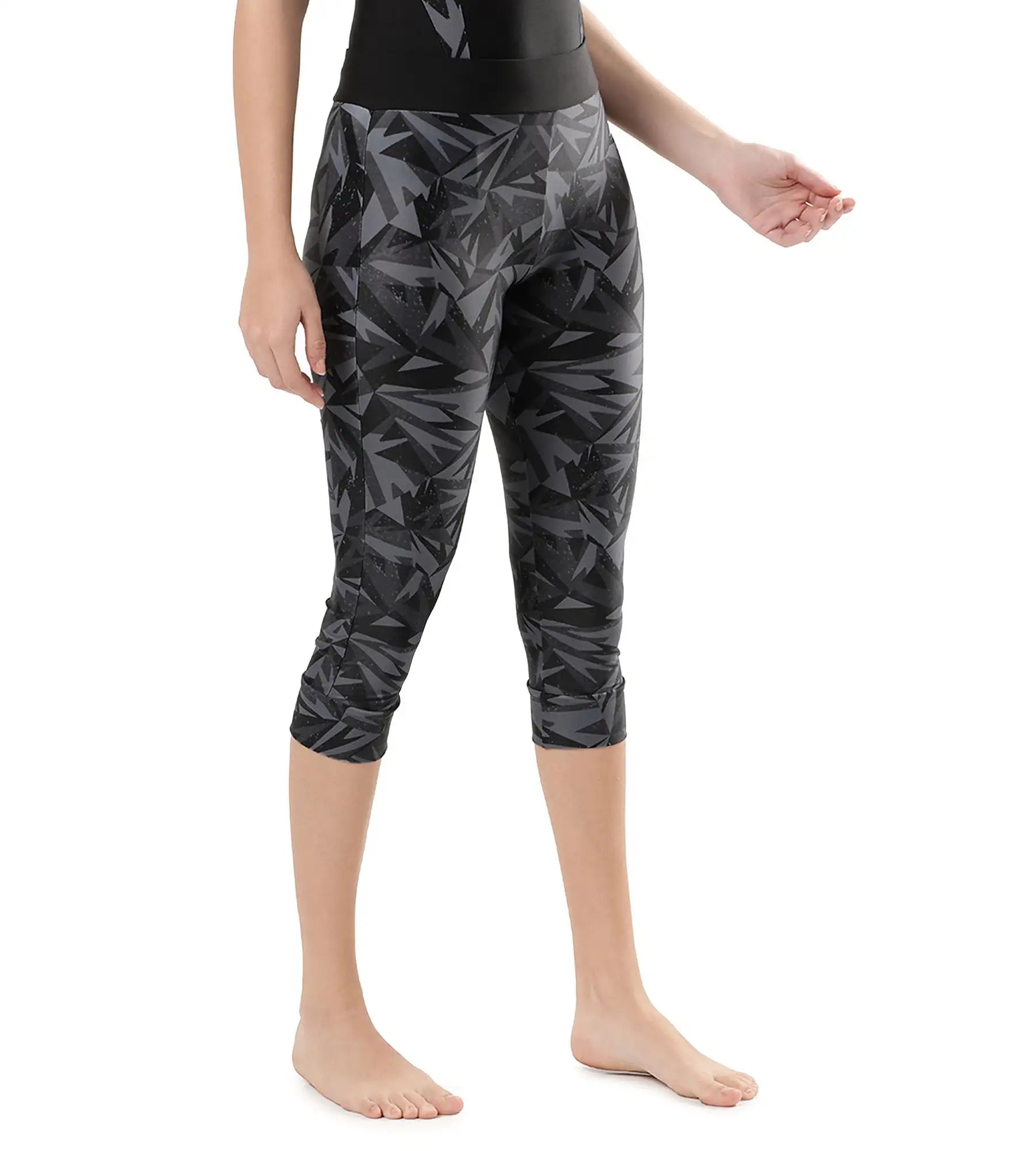 Women's Printed Contrast Swim Capri   - Black  &  Oxid Grey