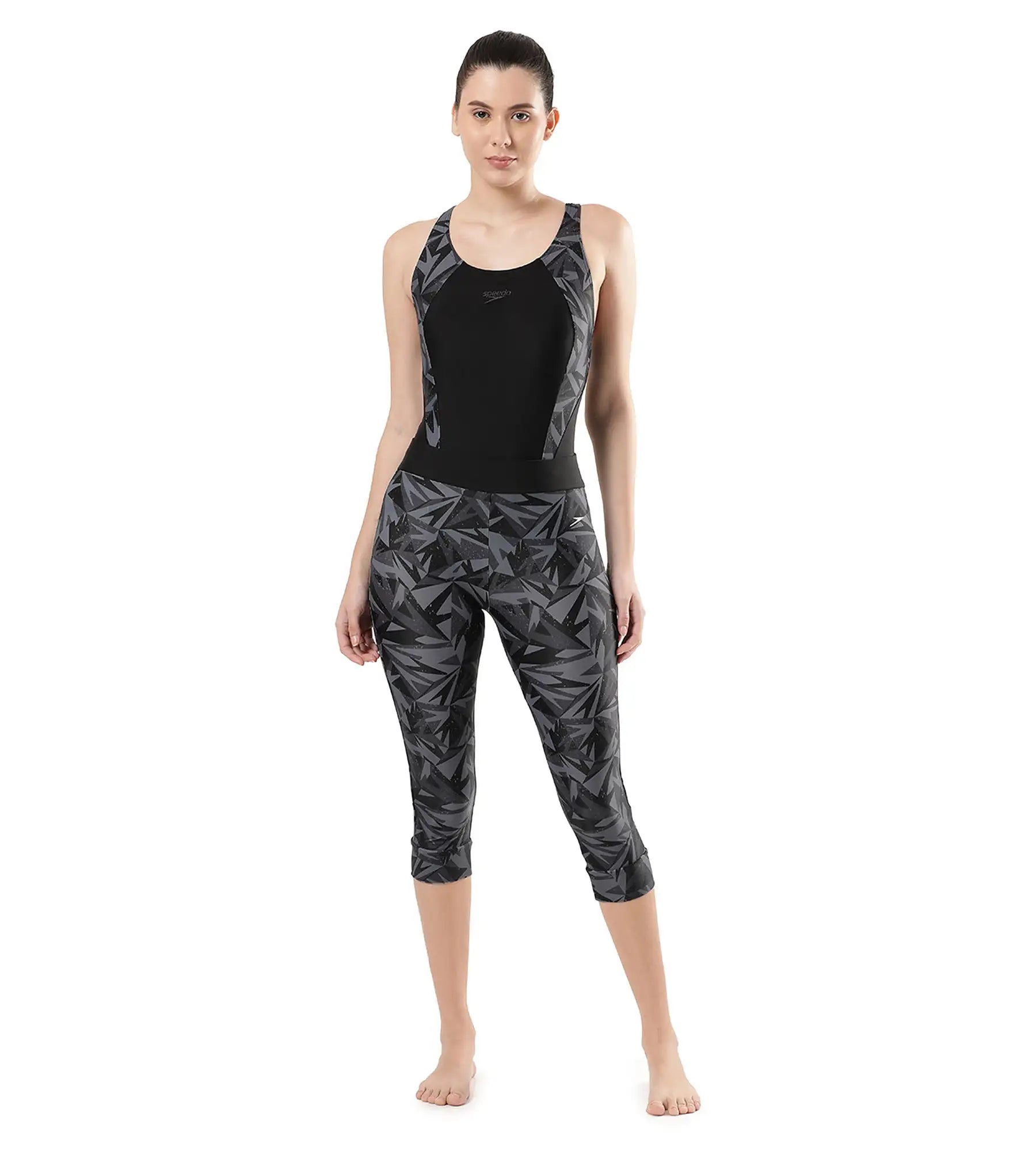 Women's Printed Contrast Swim Capri   - Black  &  Oxid Grey