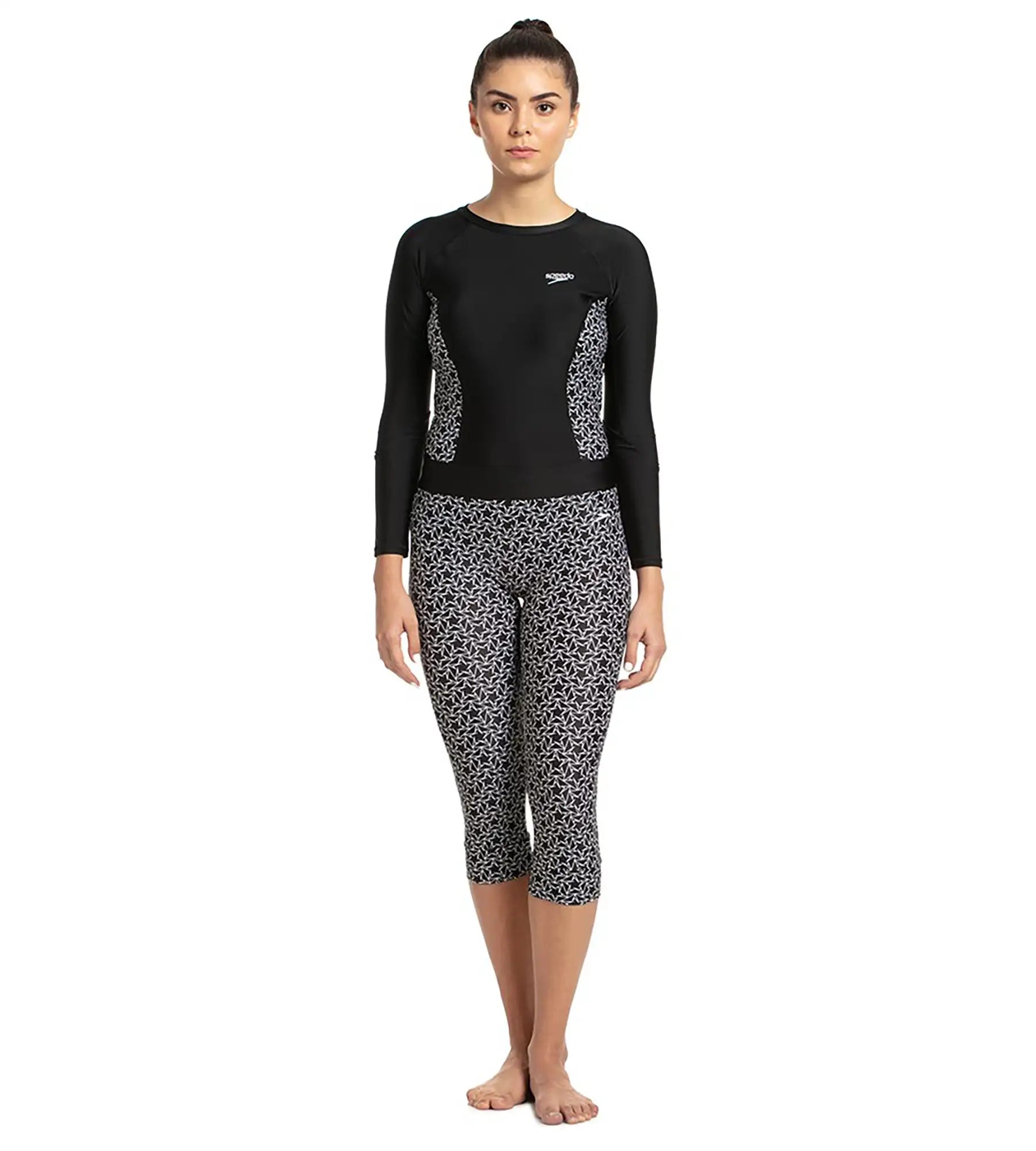 Women's Printed Contrast Swim Capri   - Black & White