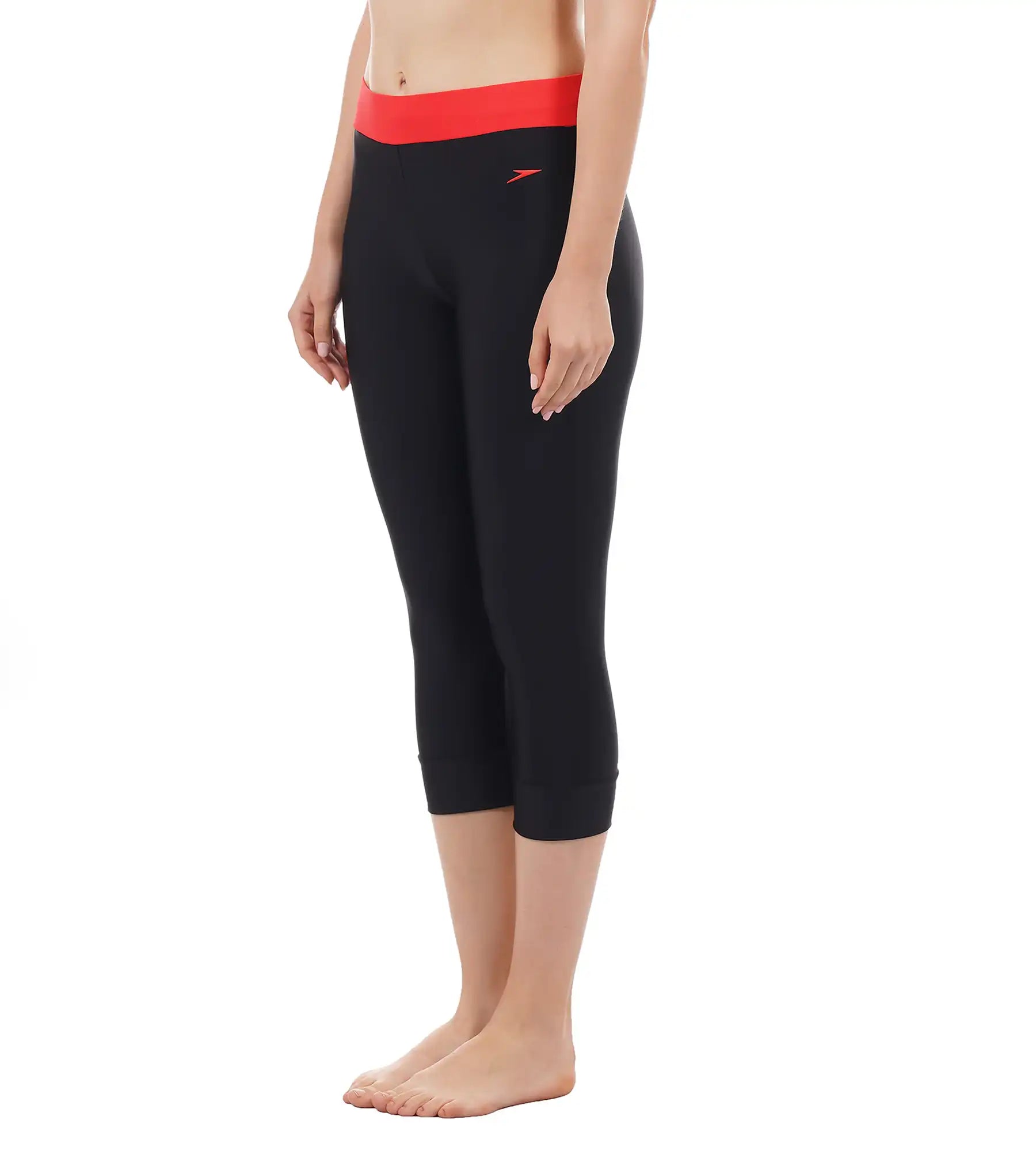 Women's Solid Contrast Swim Capri   - Black  &  Lava Red