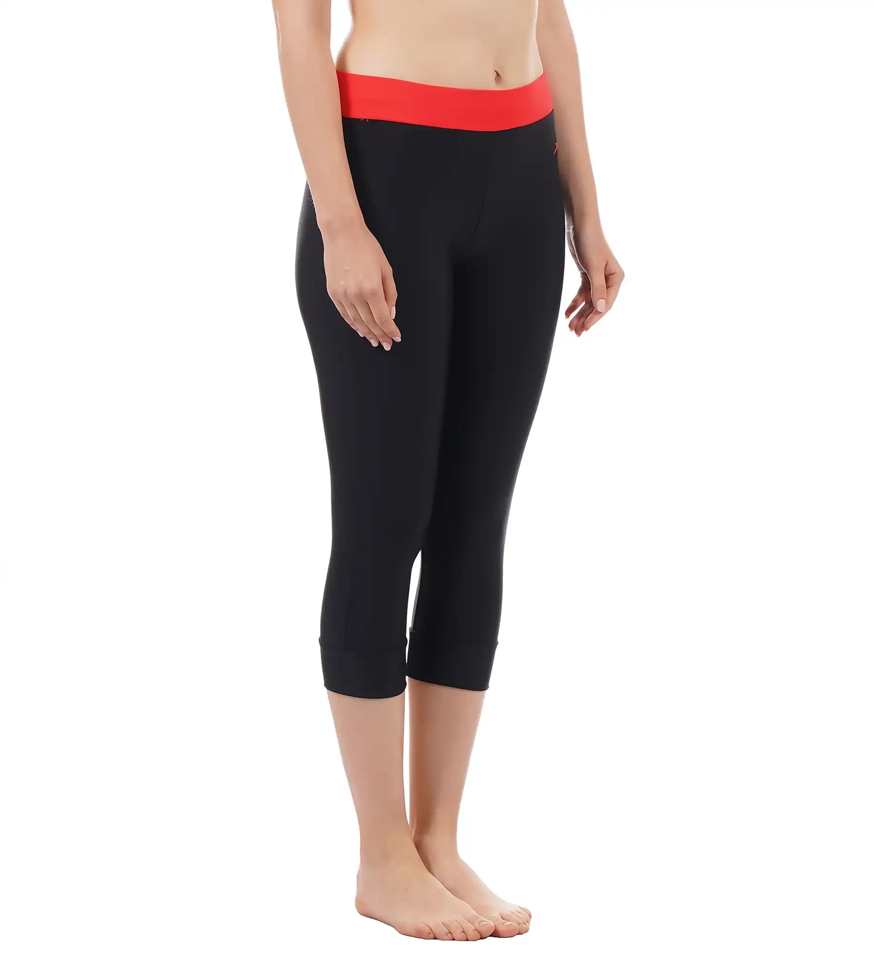 Women's Solid Contrast Swim Capri   - Black  &  Lava Red