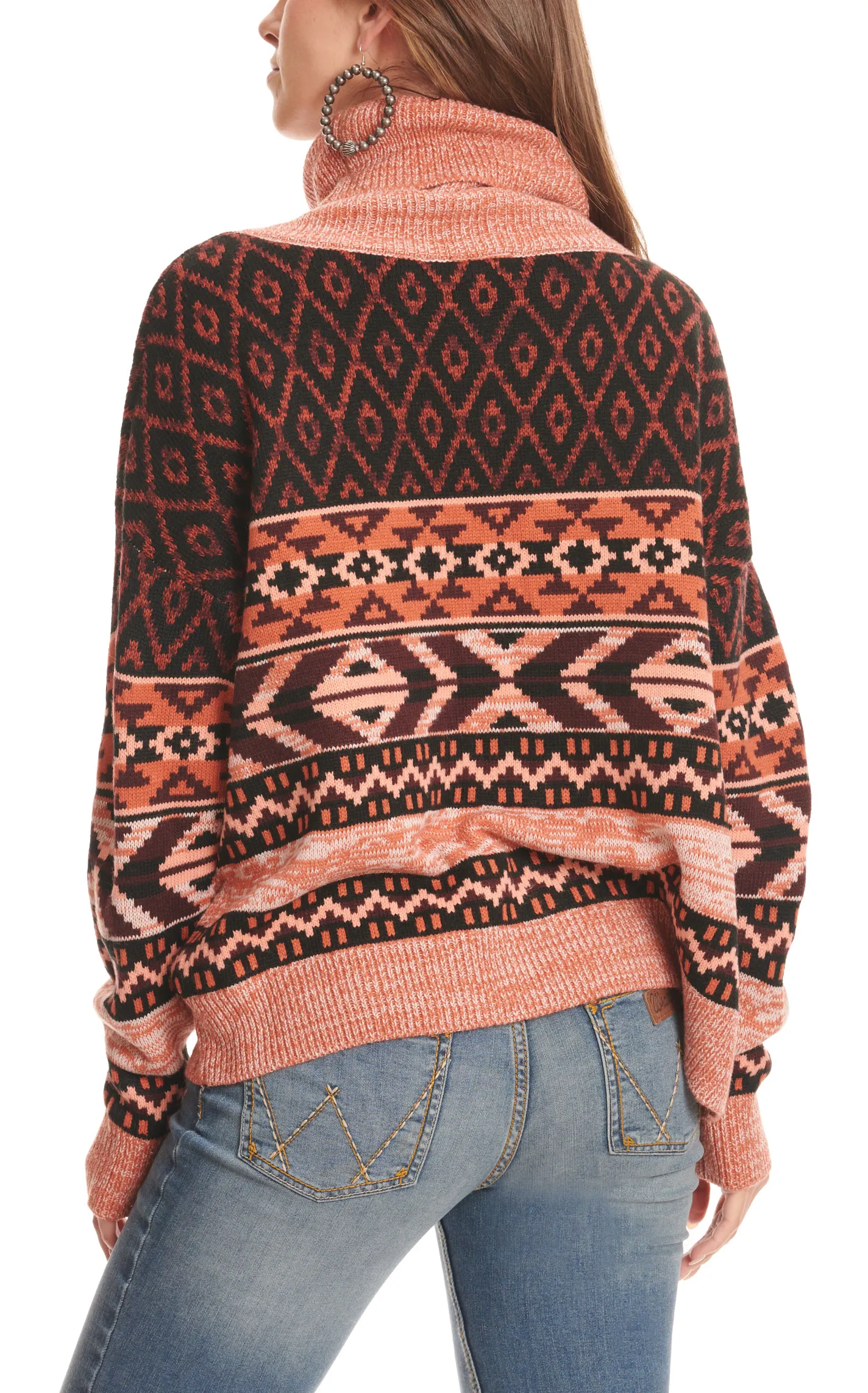 Wrangler Retro Women's Black Tangerine & Peach Aztec Cowl Neck Long Sleeve Sweater