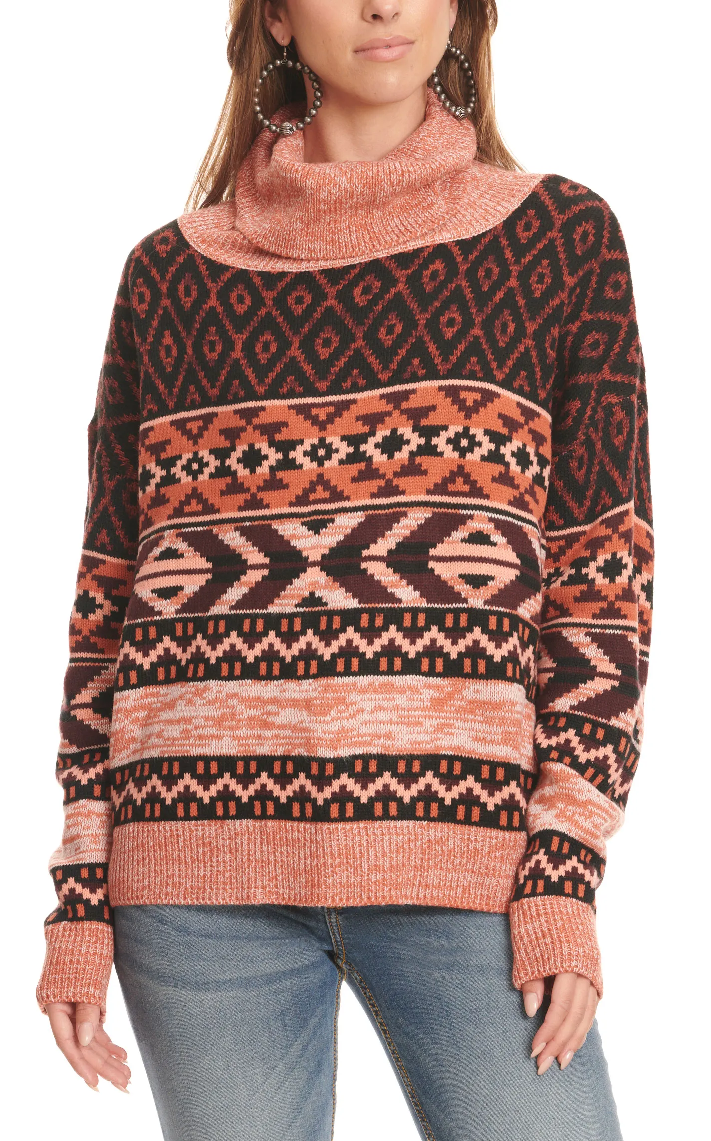 Wrangler Retro Women's Black Tangerine & Peach Aztec Cowl Neck Long Sleeve Sweater