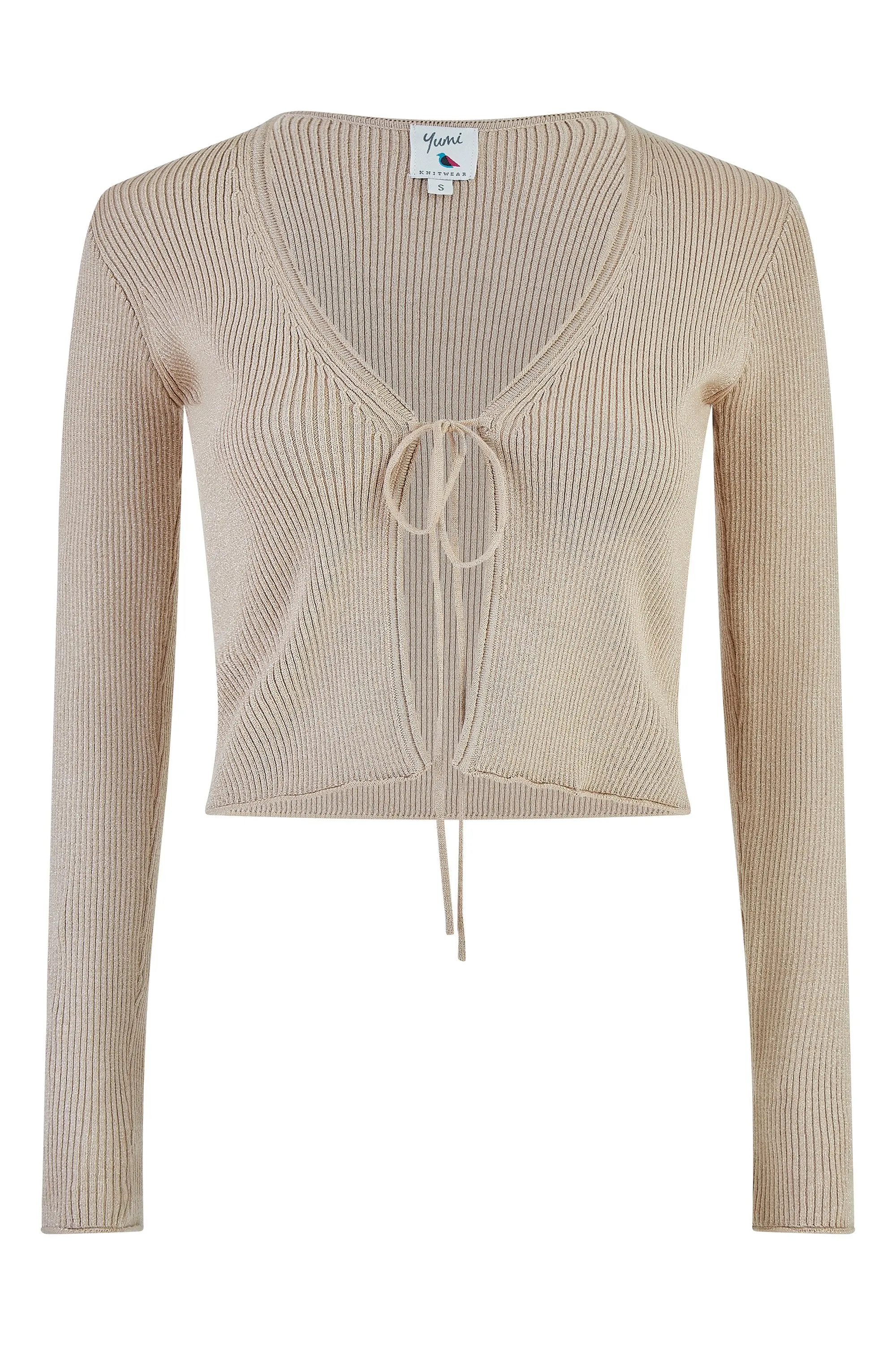 Yumi Gold Metallic Knitted Ribbed Tie Front Bolero